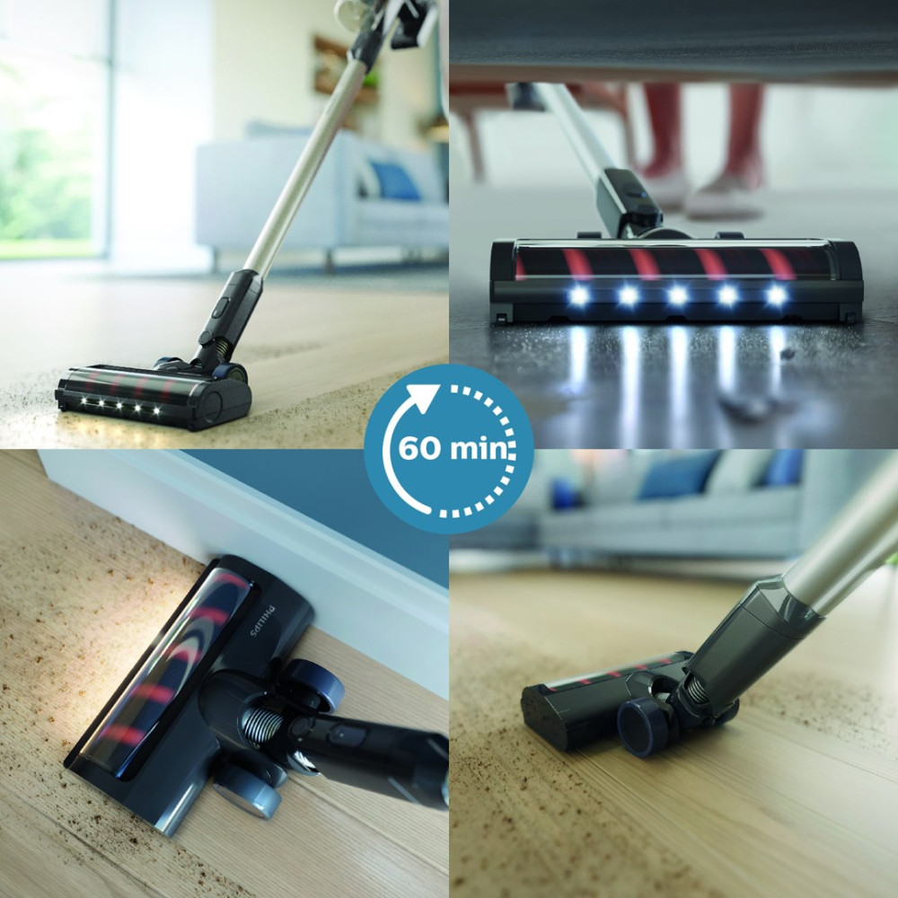 Odkurzanie podłogi odkurzaczem pionowym z diodami LED i wskaźnikiem 60 min.