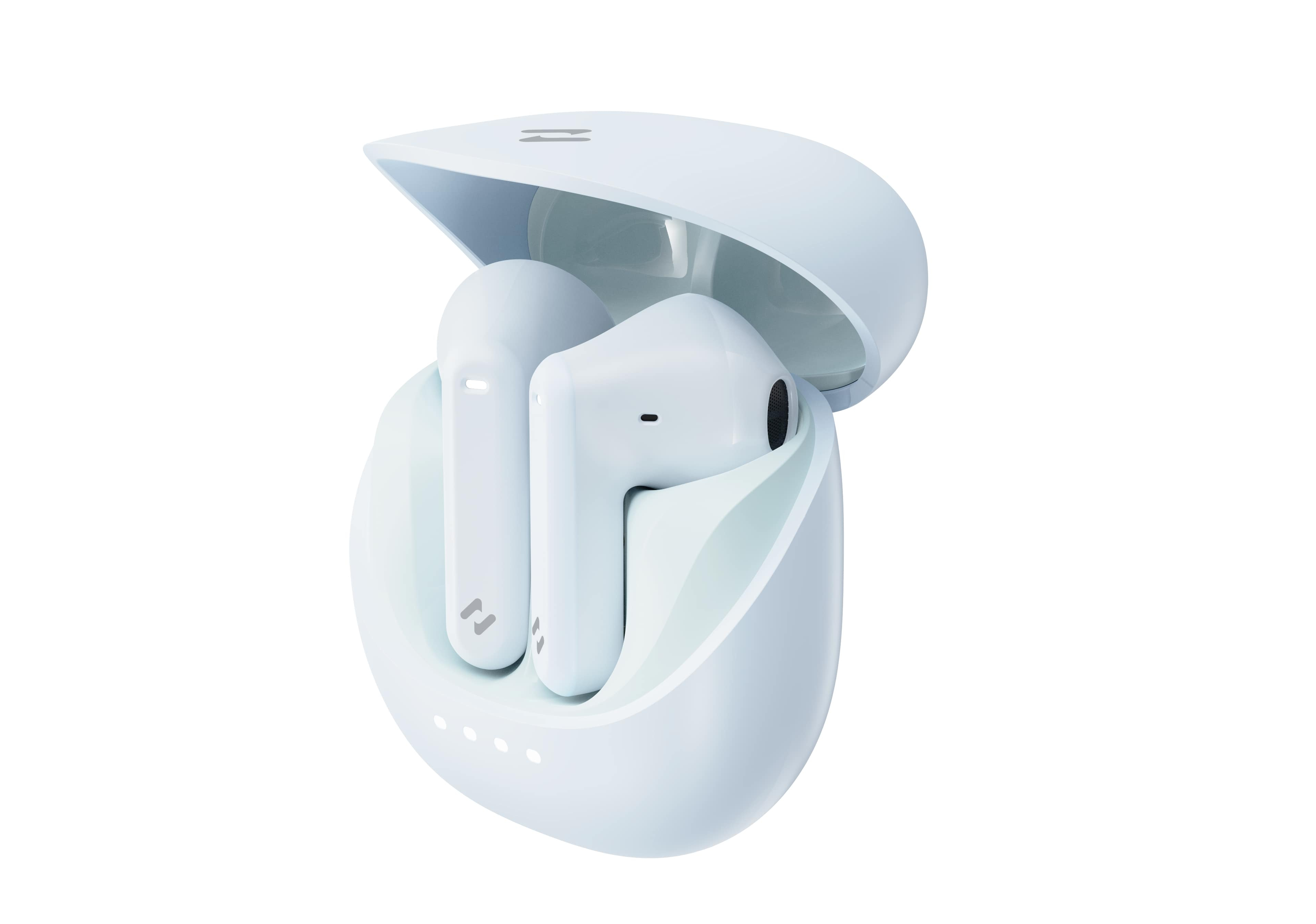 Białe słuchawki bezprzewodowe w otwartym, jasnoniebieskim etui ładującym ze wskaźnikami.