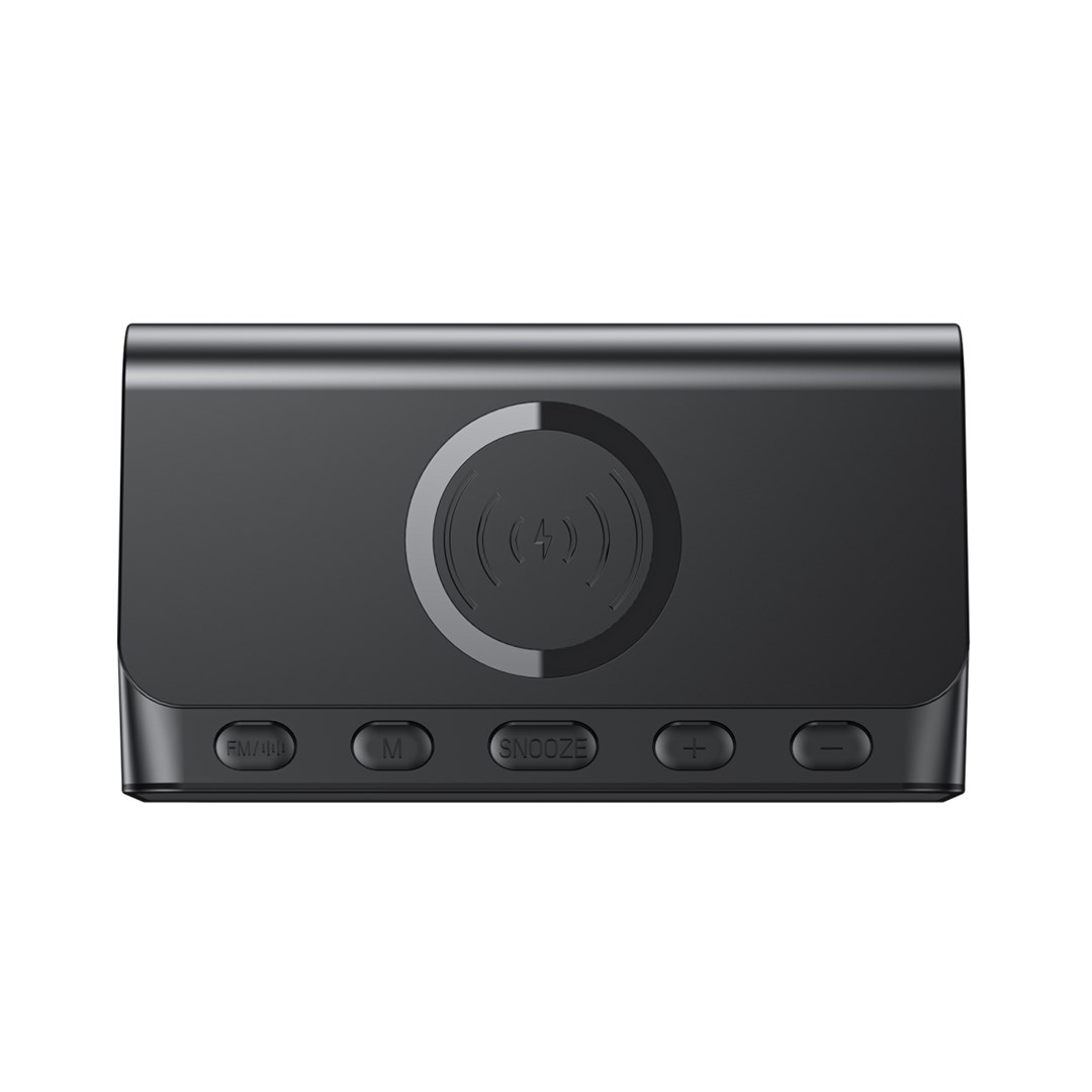 Czarny budzik z bezprzewodową podkładką ładującą i przyciskami.