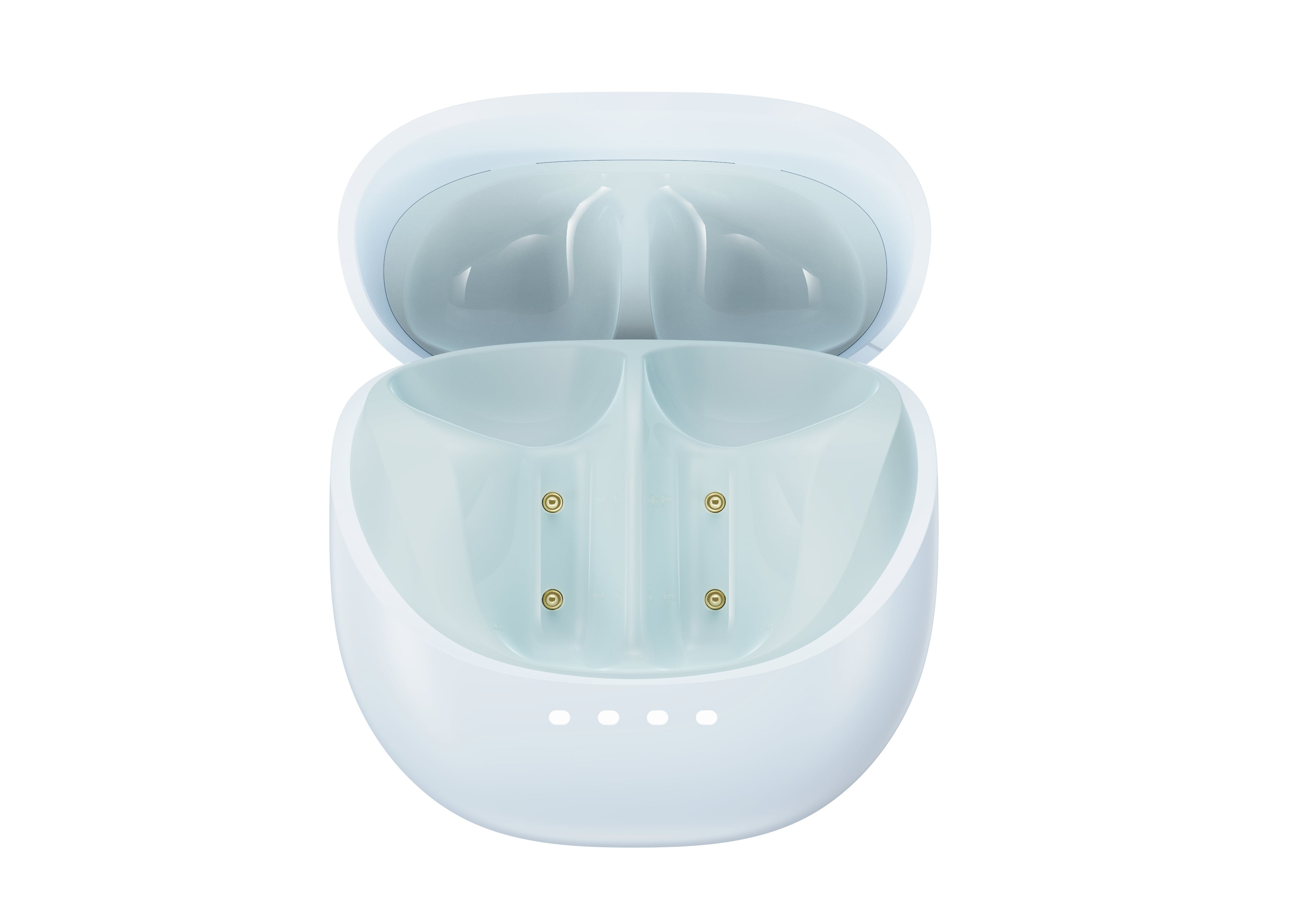 Otwarta, jasnoniebieska ładowarka ze stykami i czterema małymi światłami.