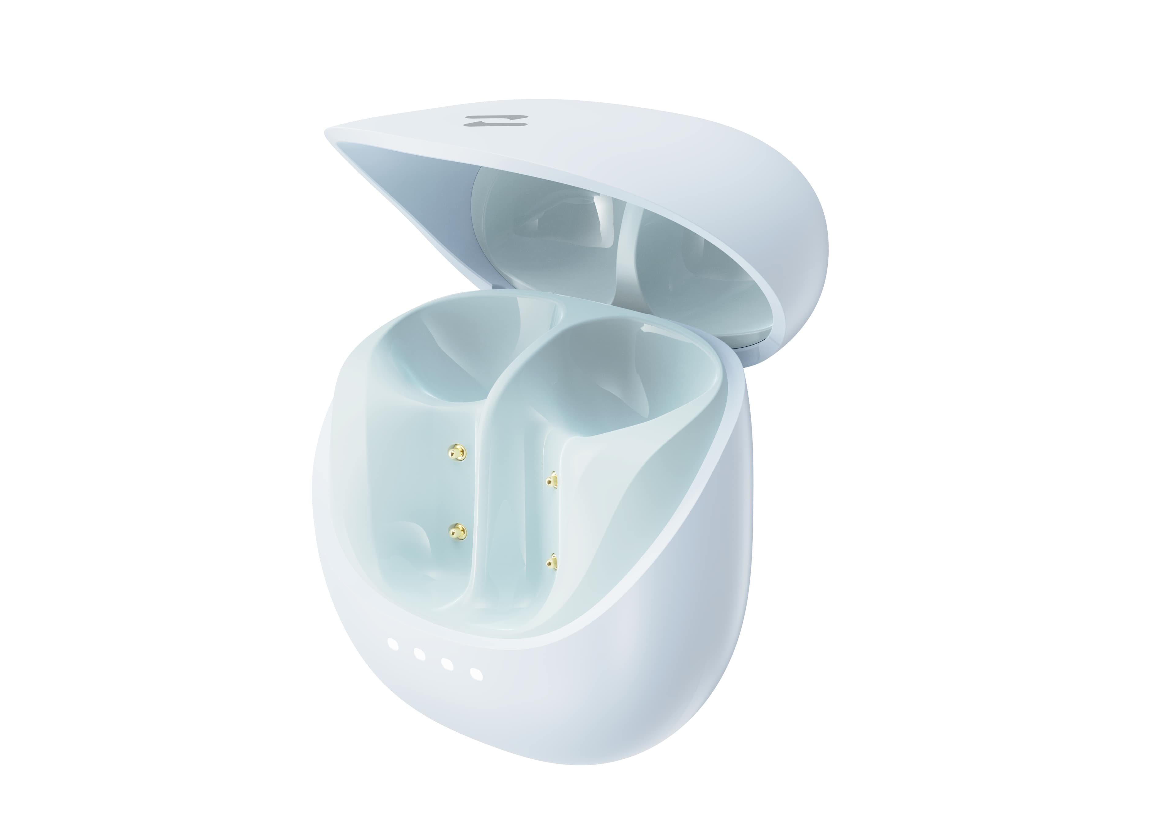 Jasnoniebieska ładowarka z otwartą pokrywą, ukazująca dwa wgłębienia na słuchawki.