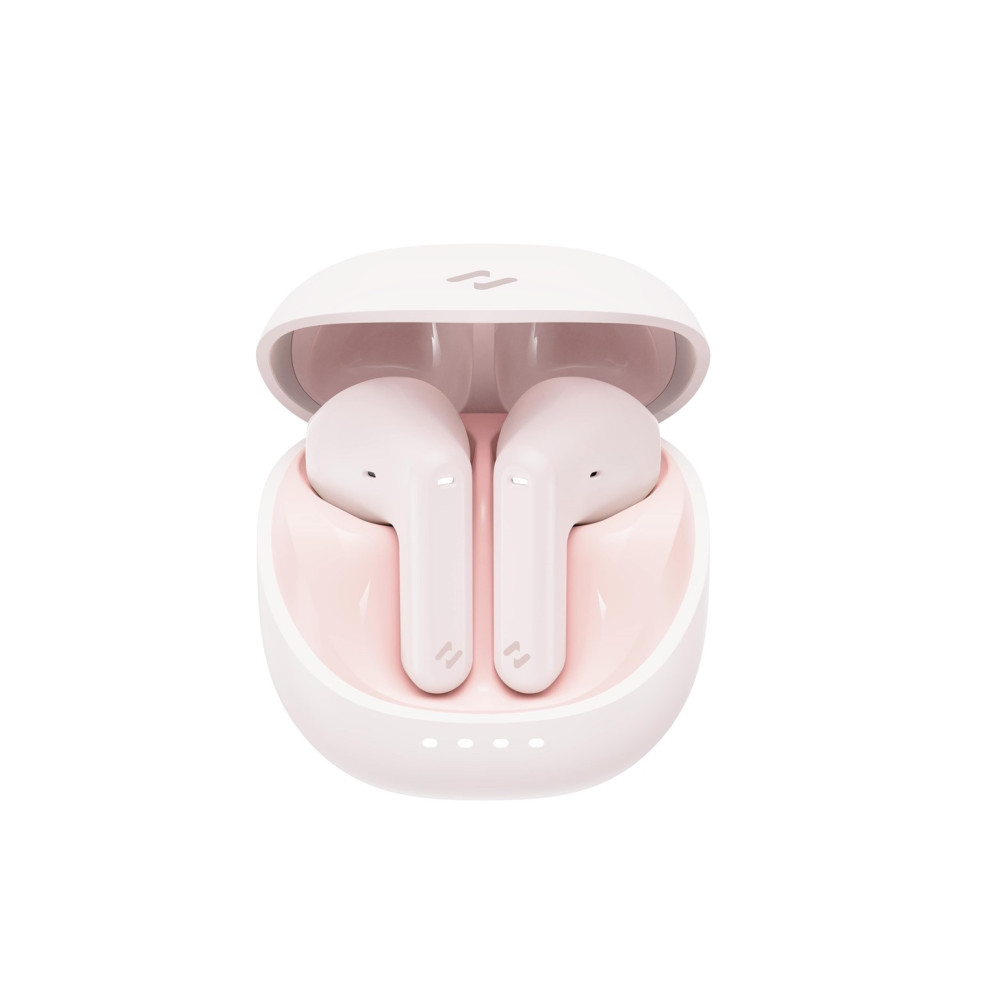 Para różowych słuchawek bezprzewodowych w białej ładowarce.