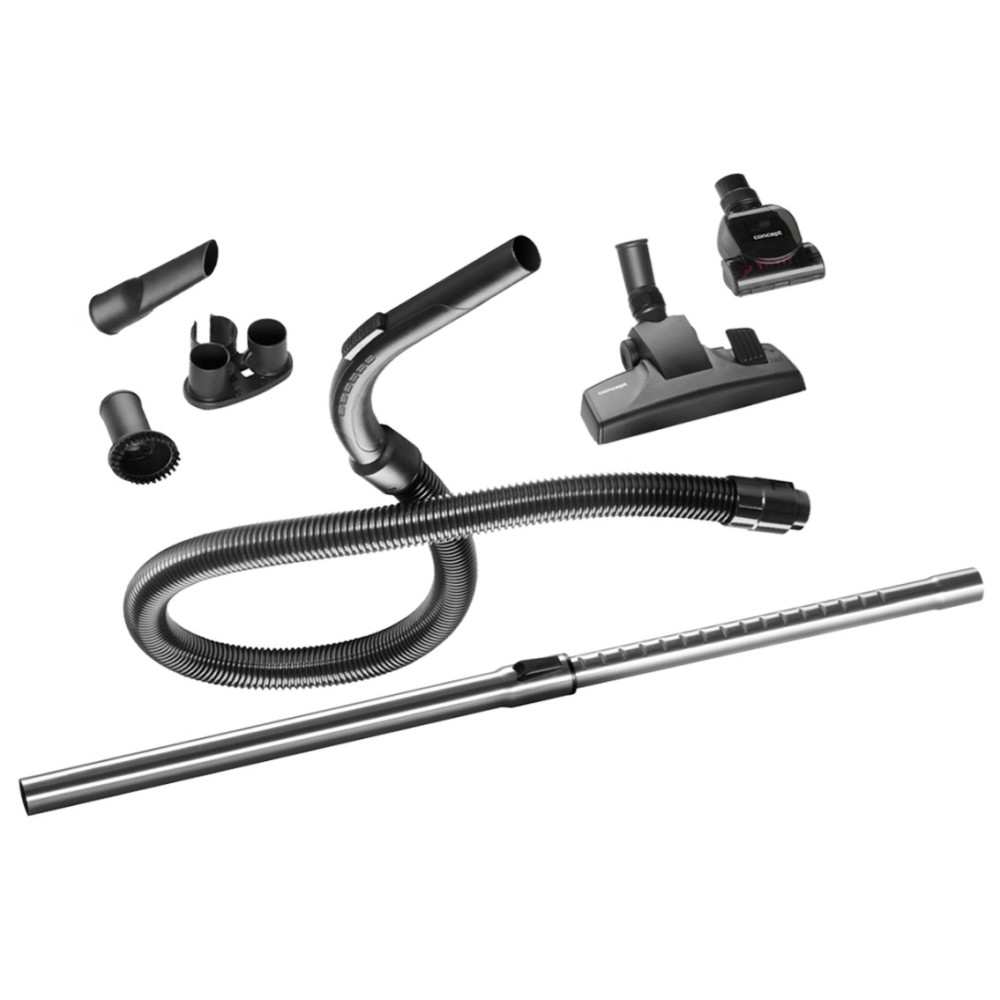 Zestaw czarnych końcówek do odkurzacza i wąż na białym tle.