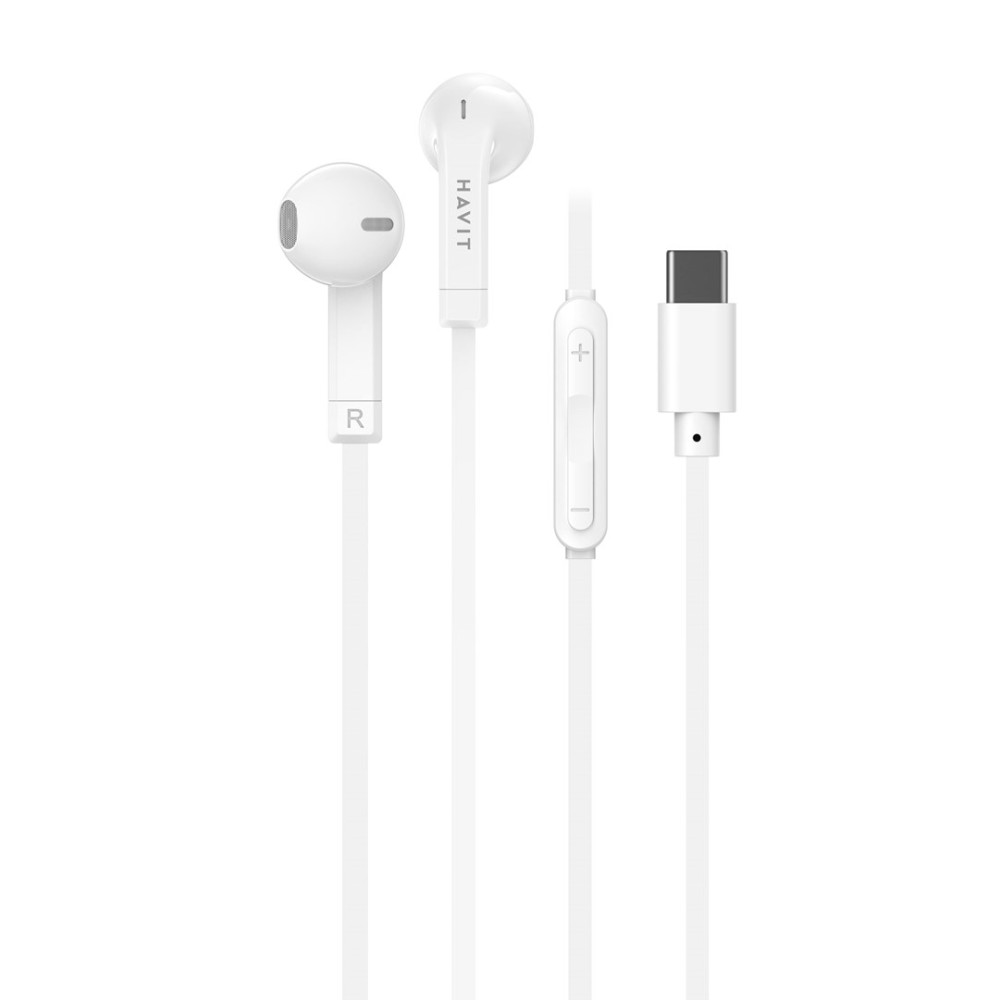 Witte in-ear oordopjes met USB-C-connector en inline afstandsbediening.