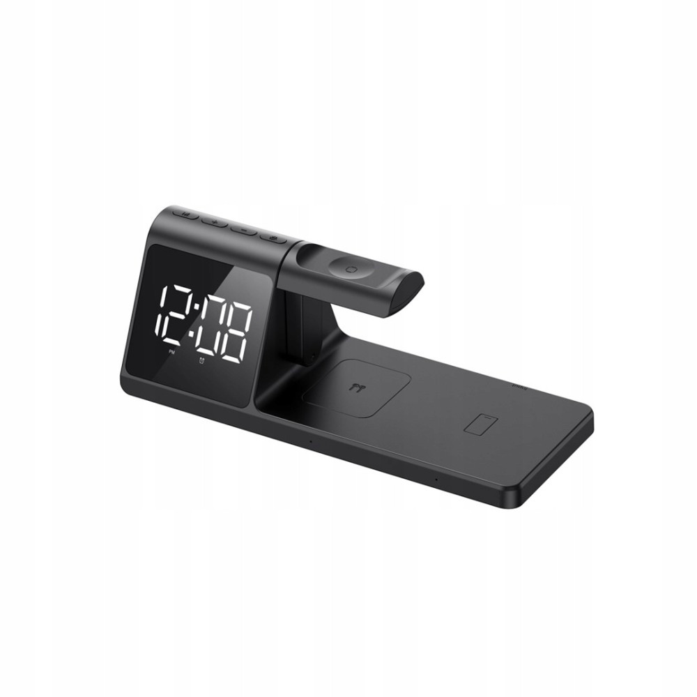 Czarno-białe urządzenie wielofunkcyjne z cyfrowym zegarem, ładowarką i podstawką.