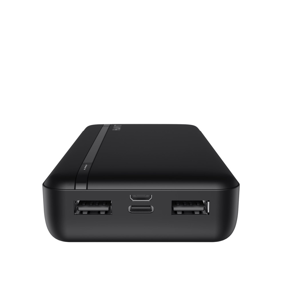 Czarny power bank z dwoma portami USB-A i jednym USB-C.