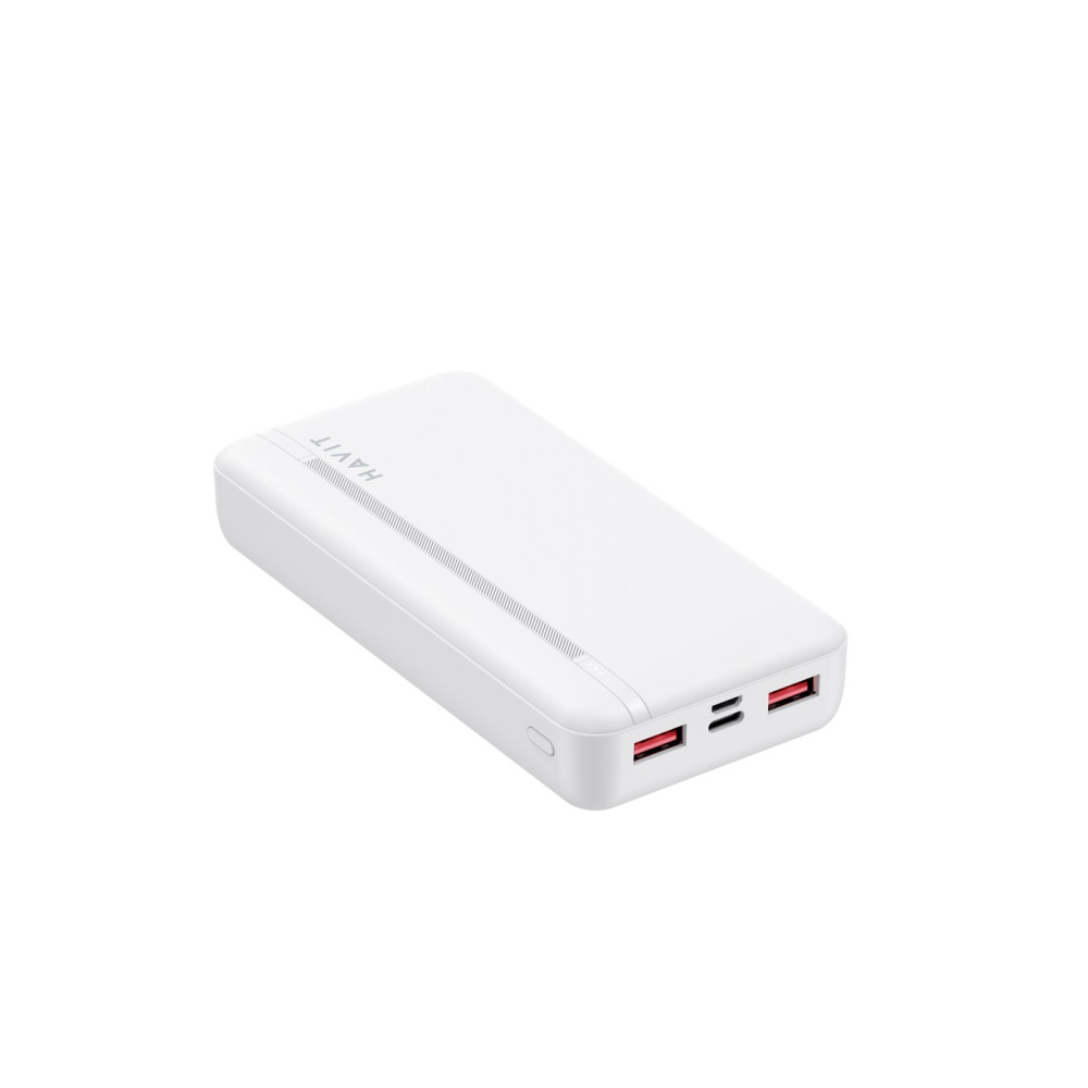 Biały powerbank Havit z dwoma czerwonymi portami USB, na białym tle.