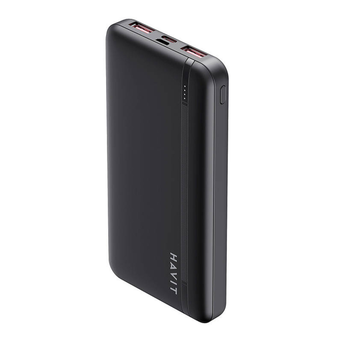 Czarny power bank Havit z dwoma portami USB i wskaźnikami ładowania.