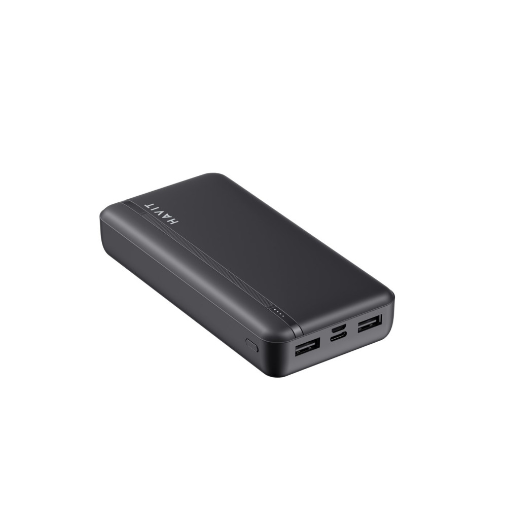 Czarny power bank Havit z dwoma portami USB i wskaźnikami naładowania.