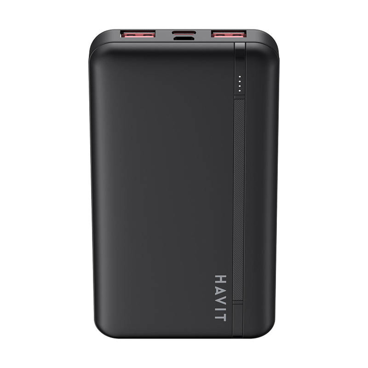 Czarny power bank Havit z dwoma portami USB i wskaźnikami ładowania.