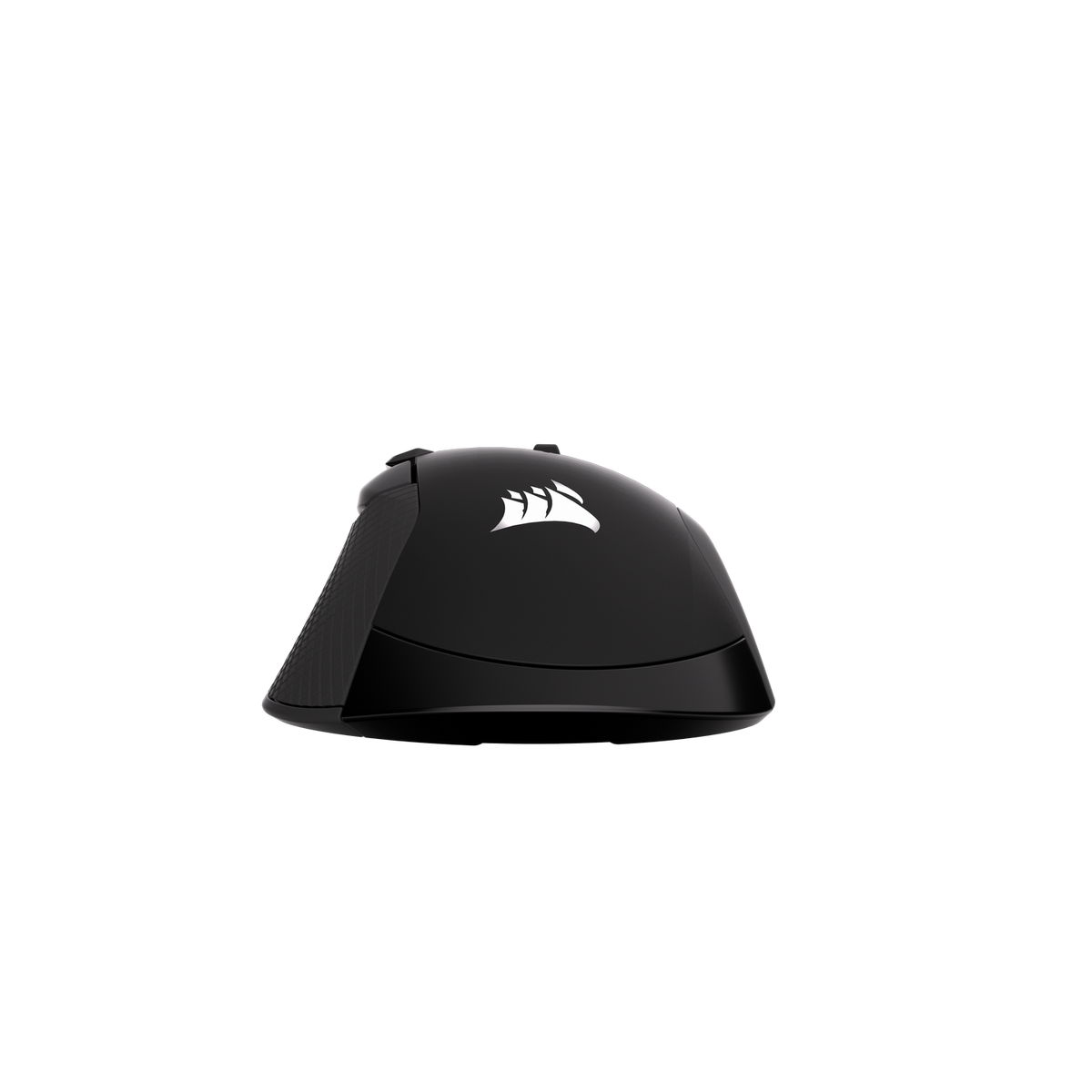 Ratón gaming inalámbrico negro con logo blanco, sobre fondo negro.