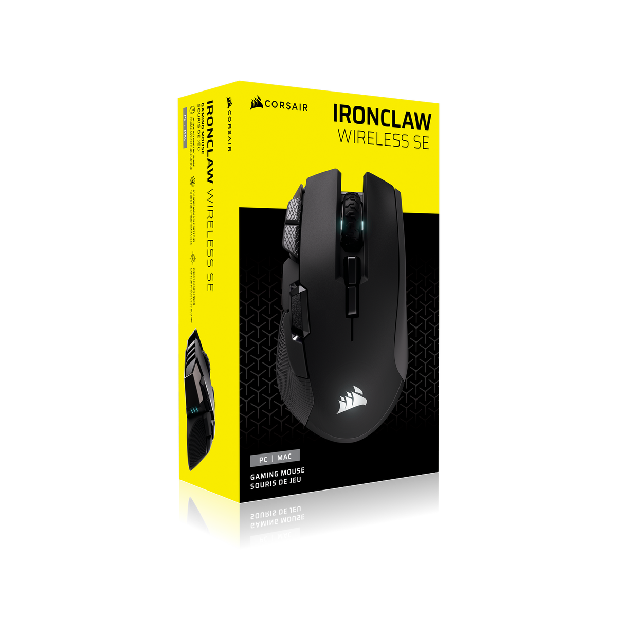 Ratón gaming negro Corsair Ironclaw Wireless SE sobre caja amarilla con logo.