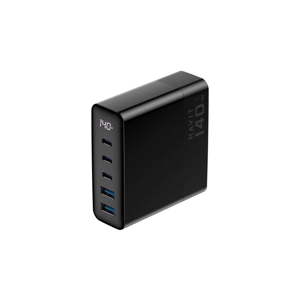 Czarna ładowarka Havit 140W z wieloma portami USB i cyfrowym wyświetlaczem.