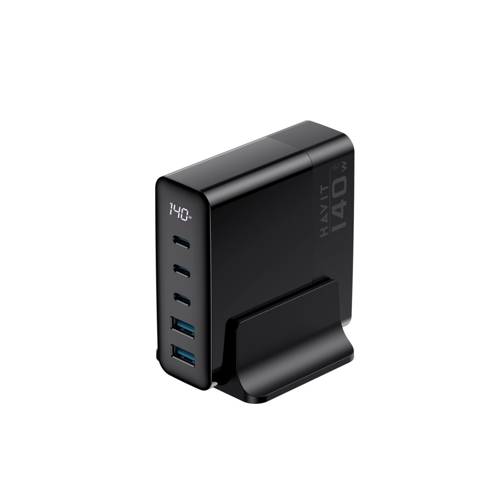 Czarna ładowarka Havit 140W z wieloma portami USB na stojaku.