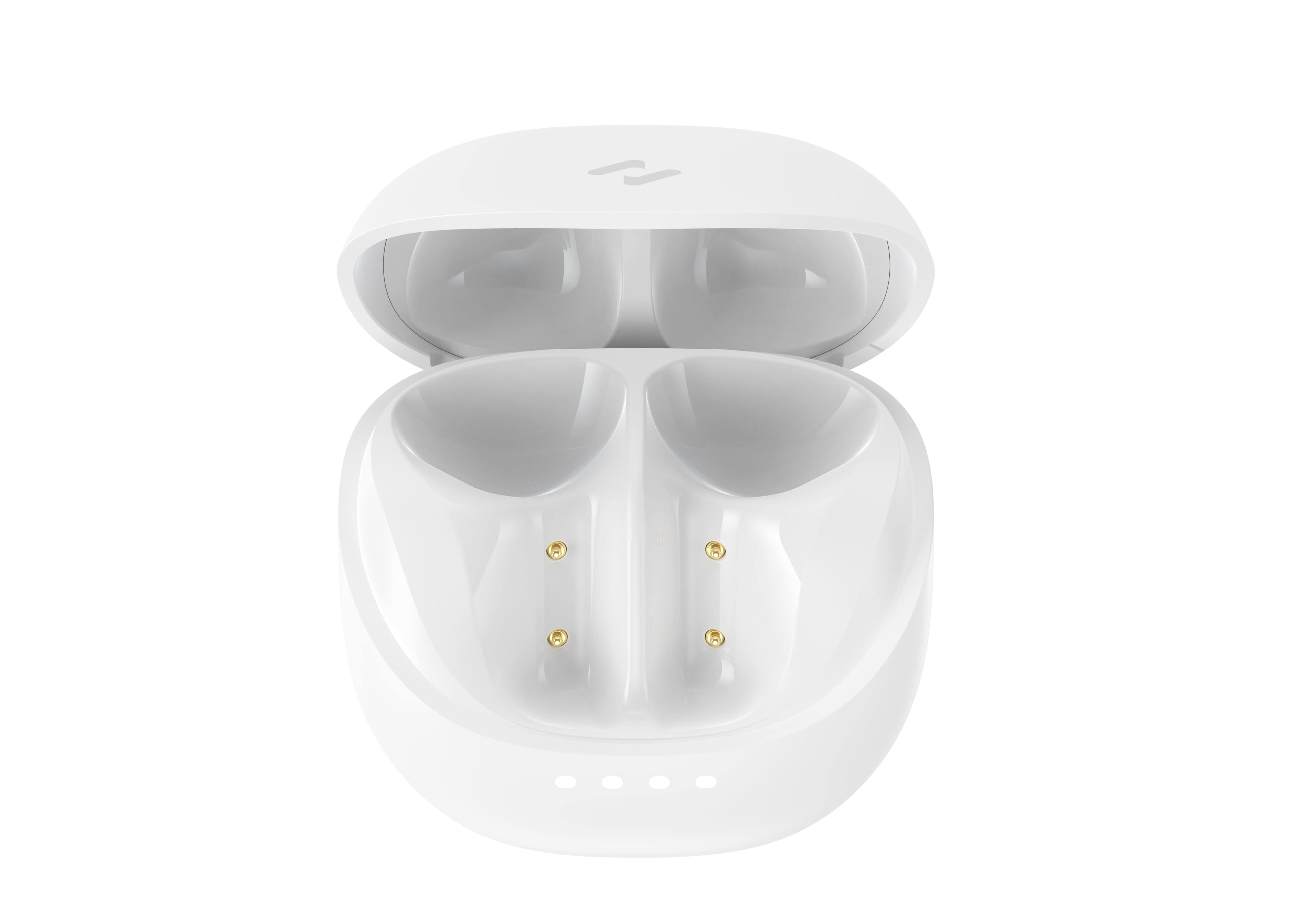 Białe, otwarte etui ładujące do słuchawek z złotymi stykami.