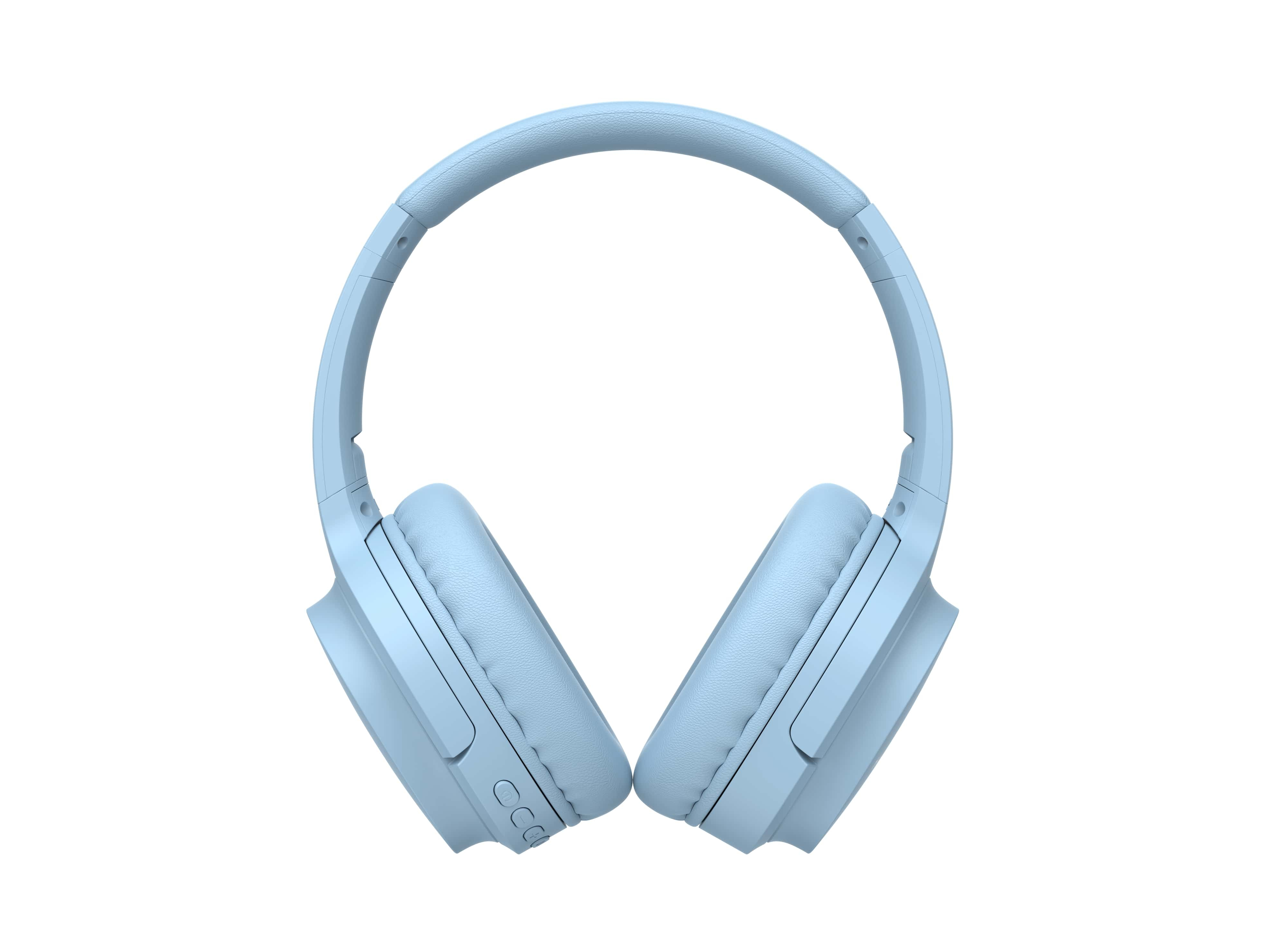 Jasnoniebieskie słuchawki z wyściełanymi nausznikami i pałąkiem.