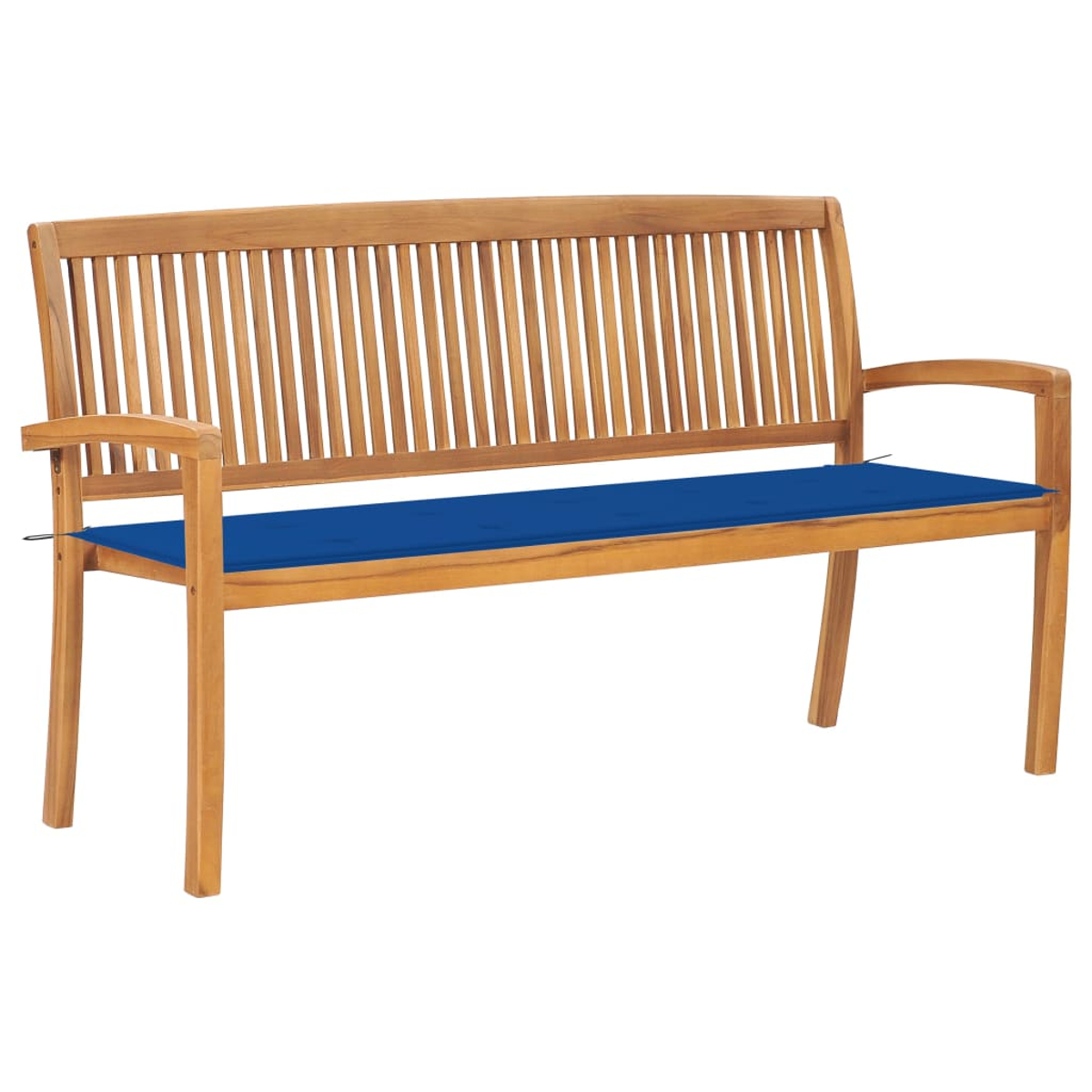 Eine Holzbank mit Lamellenrücken und einer blauen Sitzauflage.