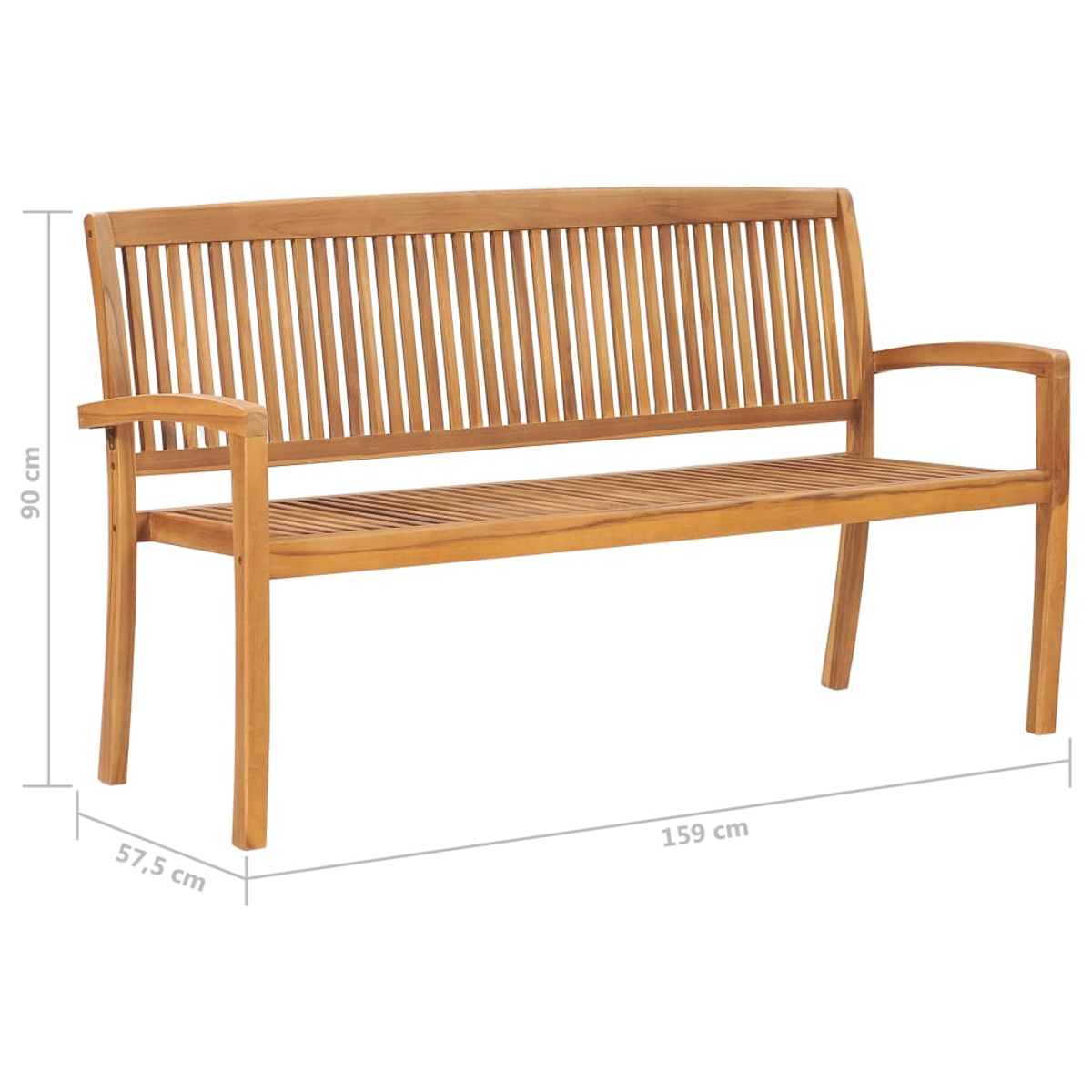 Eine Holzbank mit Armlehnen, 159 cm breit, 90 cm hoch und 57,5 cm tief.