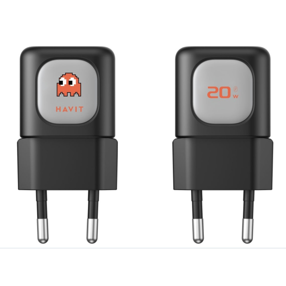 Dwa czarne adaptery sieciowe, jeden z duchem Pac-Mana, jeden z symbolem 20W.