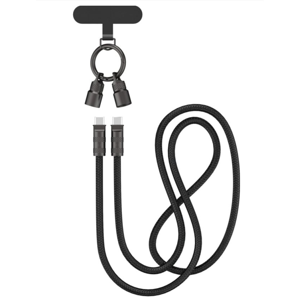 Czarny kabel ładujący z dwoma złączami USB-C i zaczepem smyczy.