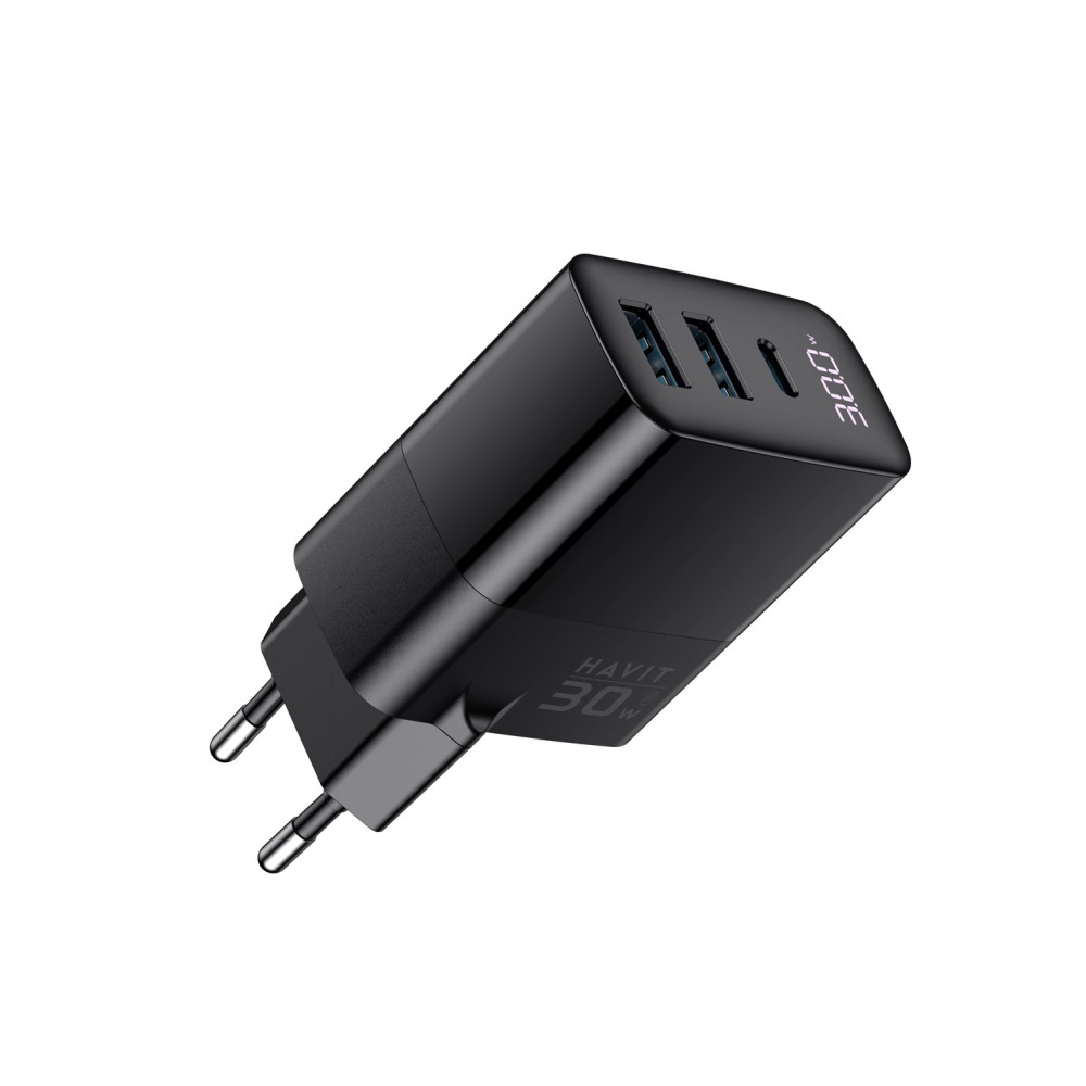 Czarna ładowarka Havit z 2 portami USB-A i 1 USB-C, 30W.