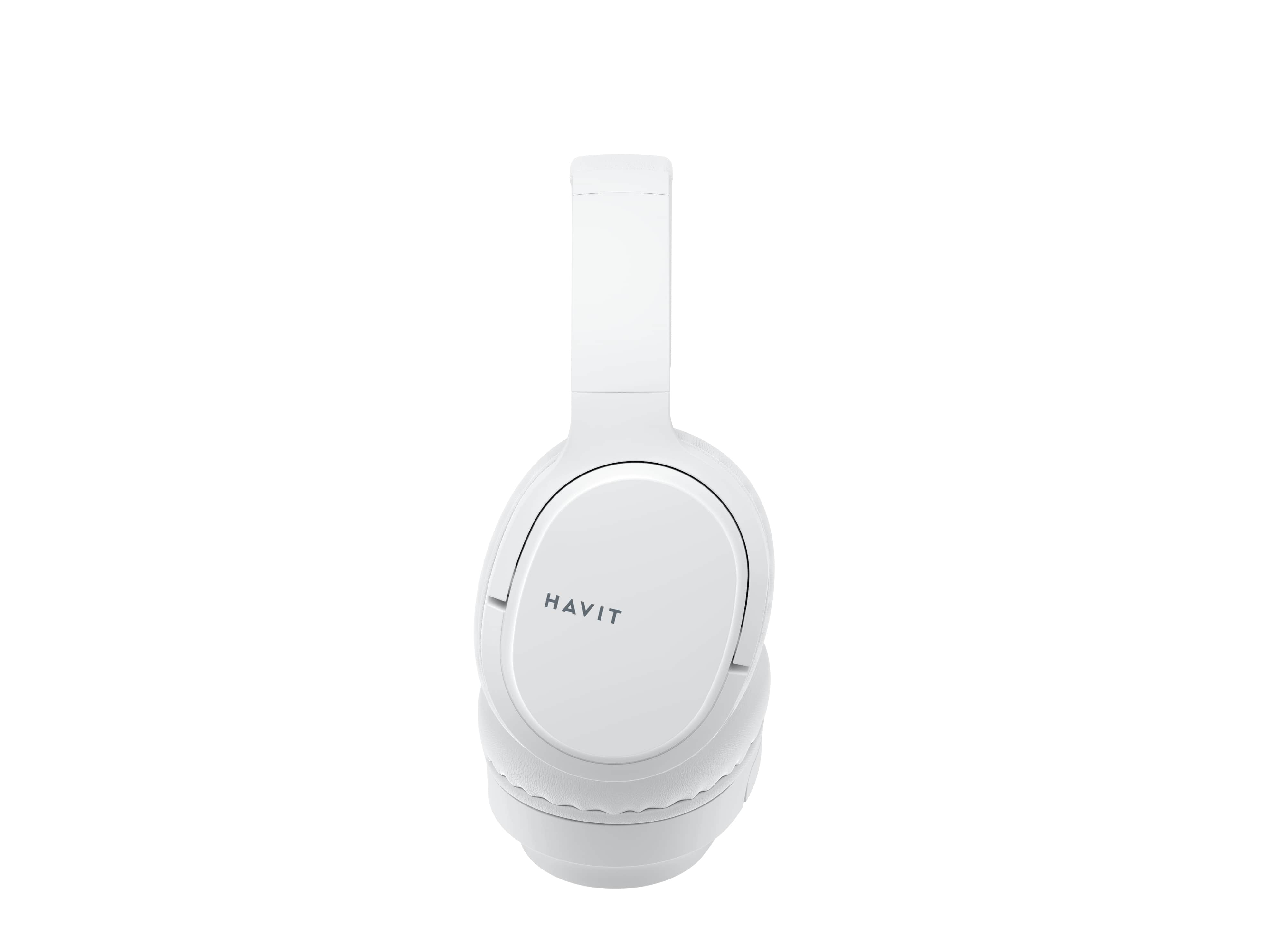 Witte koptelefoon met het merk HAVIT op de oorschelp.