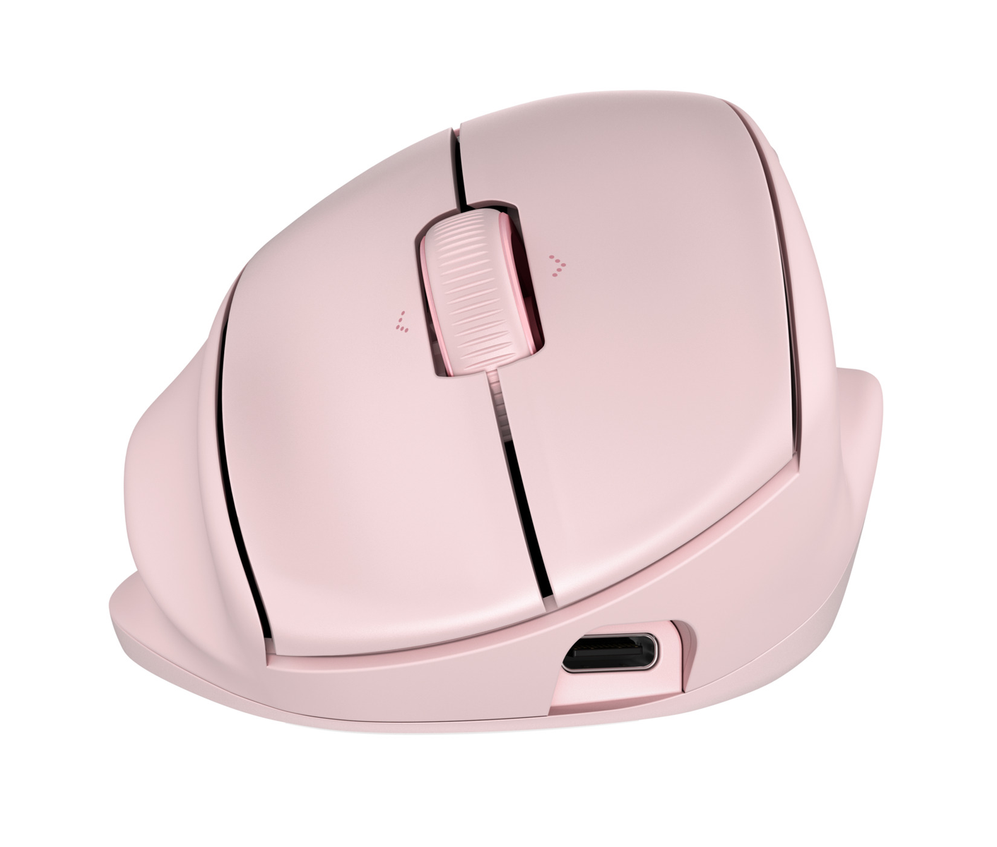Eine rosafarbene Computermouse mit Scrollrad und USB-C-Anschluss.
