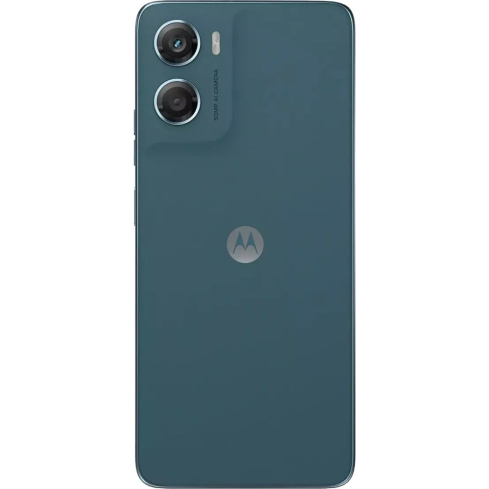Tył niebieskiego smartfona Motorola z dwoma aparatami i logo Motorola.