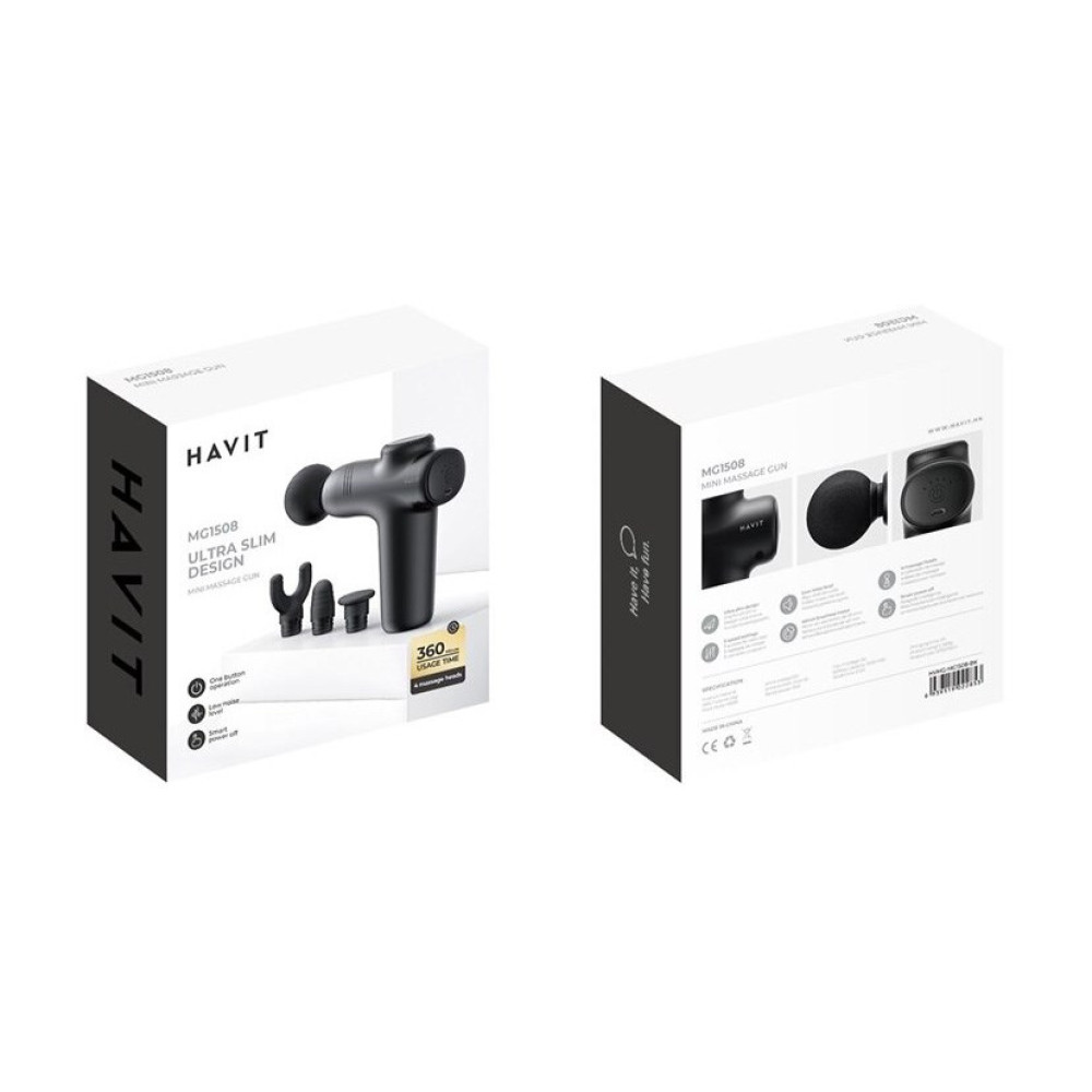Opakowanie czarnego mini pistoletu do masażu Havit z akcesoriami.