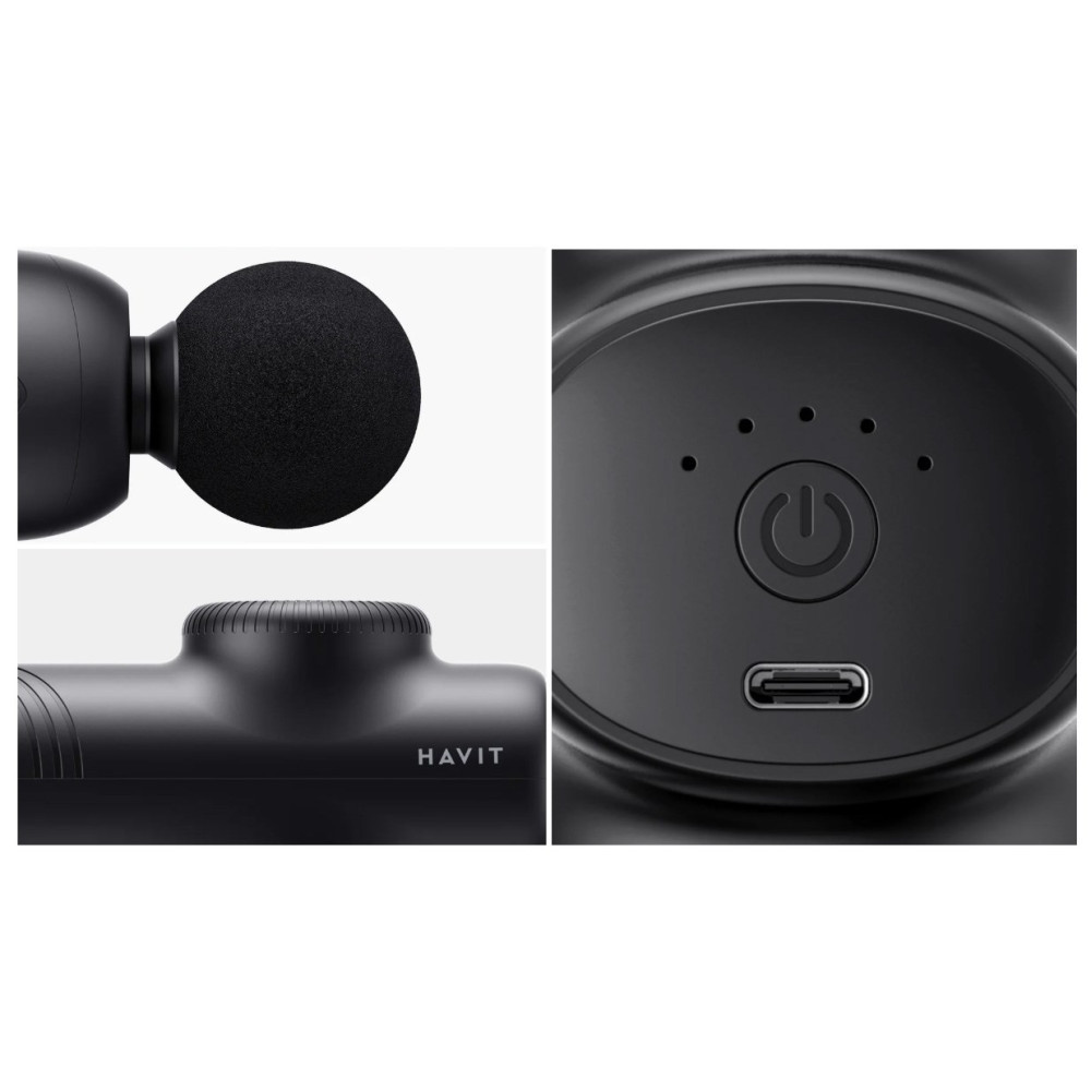 Zbliżenie czarnego pistoletu do masażu pokazujące zaokrągloną głowicę, otwory wentylacyjne i port USB-C.