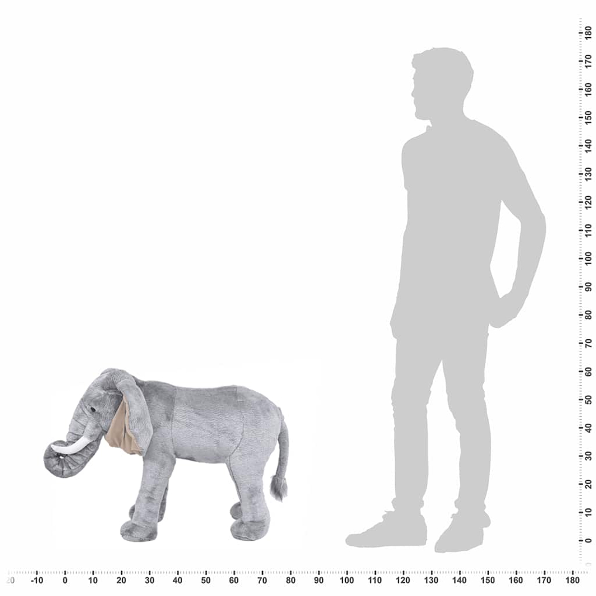Ein großer Plüschelefant steht neben einer menschlichen Silhouette zur Skalierung.
