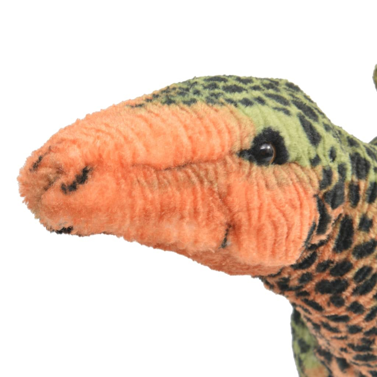 Ein orangefarbener und grüner Plüschdinosaurier mit schwarzen Flecken.