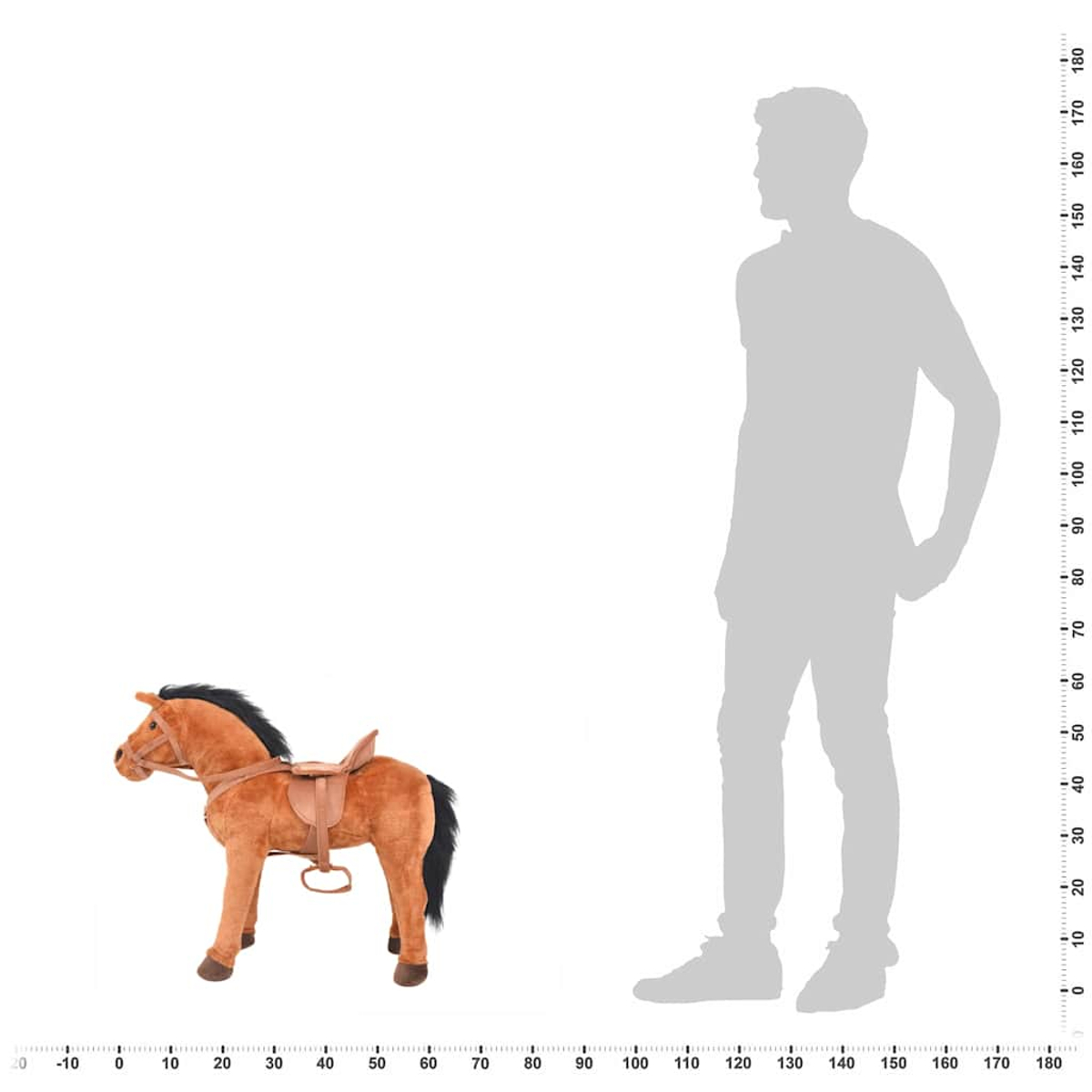 Ein braunes Plüschpferd mit Sattel und Zaumzeug steht neben einem Silhouettenmann.