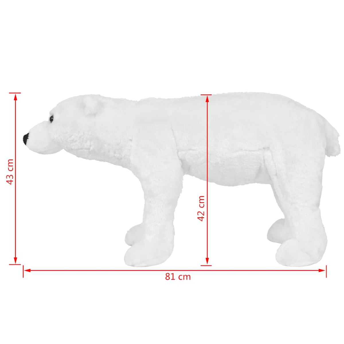 Ein weißer Plüsch-Eisbär mit Maßangaben: 81cm lang, 43cm hoch, 42cm breit.