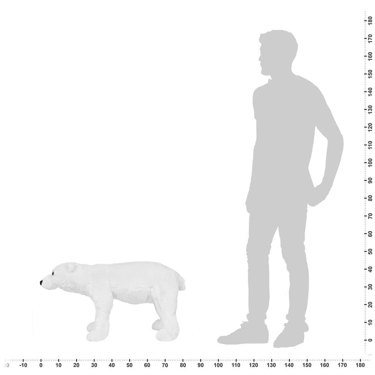 Ein weißer Eisbär auf allen Vieren steht neben einer menschlichen Silhouette.