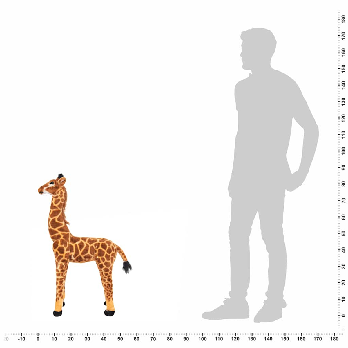 Eine Stoffgiraffe steht neben einer menschlichen Silhouette, die eine Größe von ca. 180 cm anzeigt.