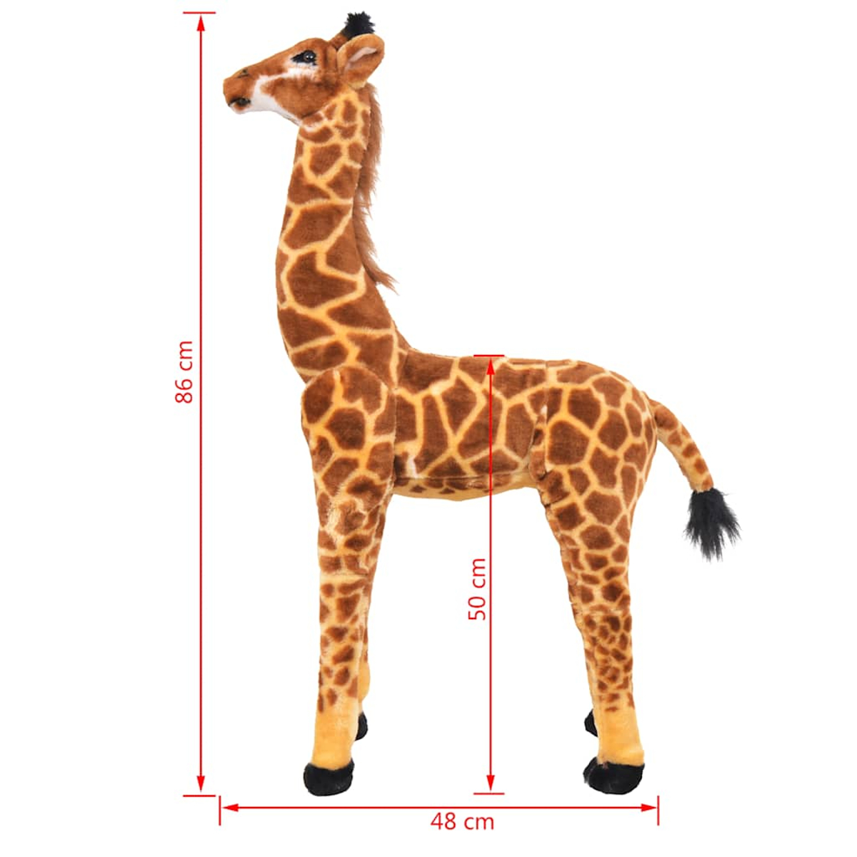 Ein braun-oranger Plüsch-Giraffen-Spielzeug mit Fleckenmuster, 86cm hoch.