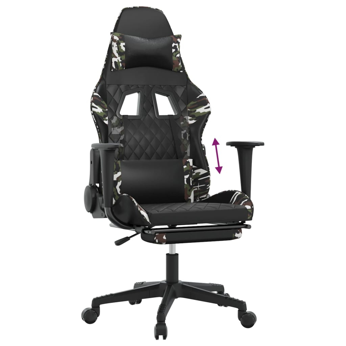 Ein schwarzer Gaming-Stuhl mit Tarnmuster, verstellbar und gepolstert.