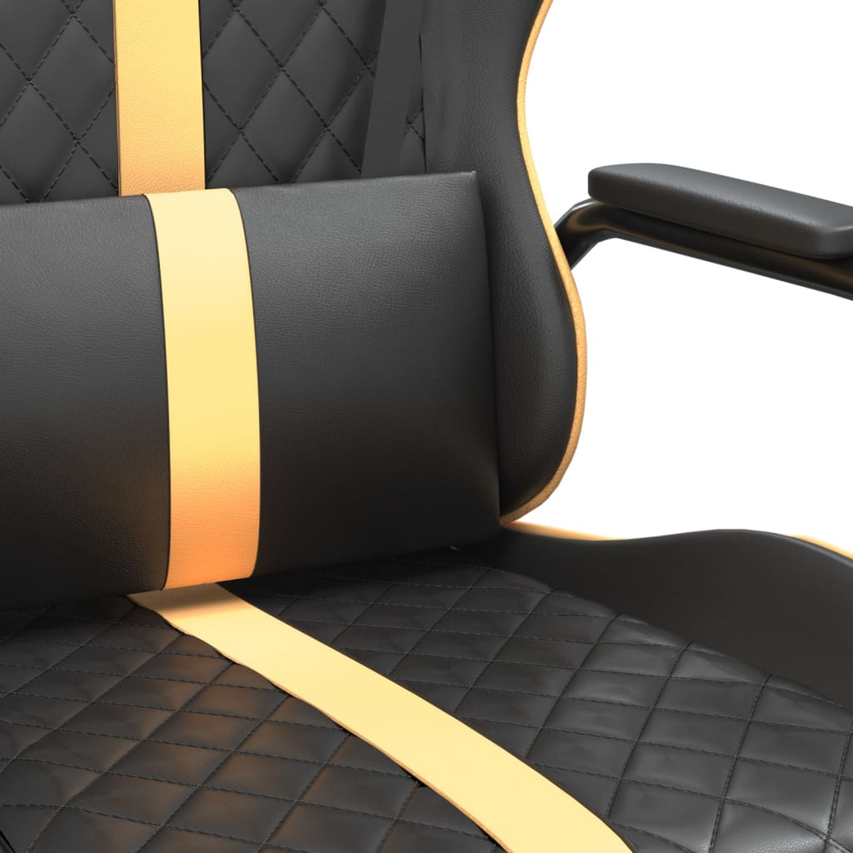 Schwarz-goldener Gamingstuhl mit Rautensteppung und Kissen.