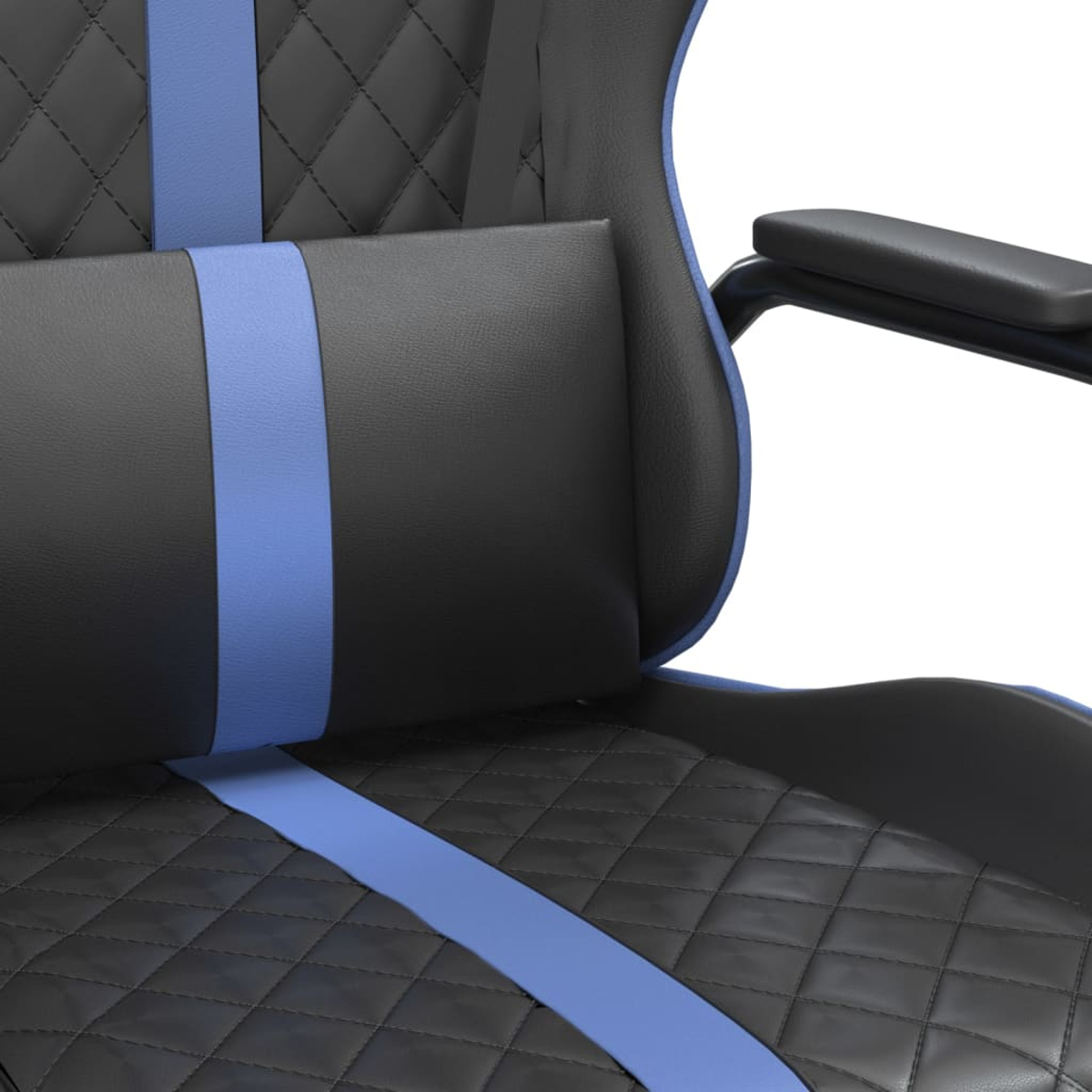 Schwarzer Gaming-Stuhl mit blauen Streifen und gesteppter Sitzfläche.