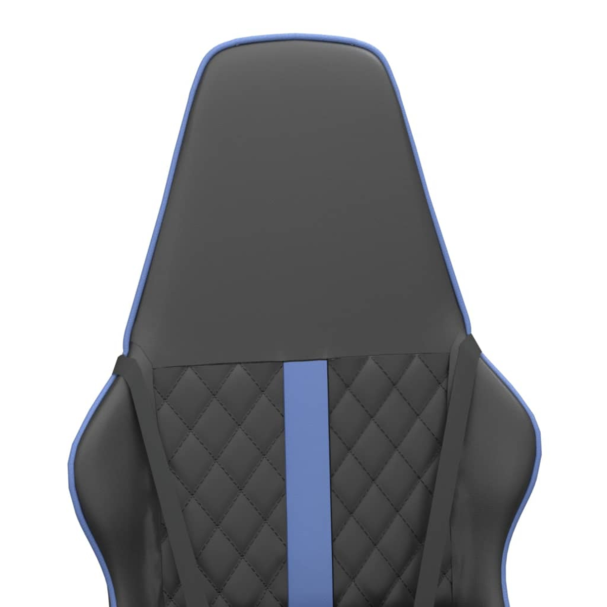 Rückseite eines schwarzen Gaming-Stuhls mit blauen Akzenten und Rautensteppung.