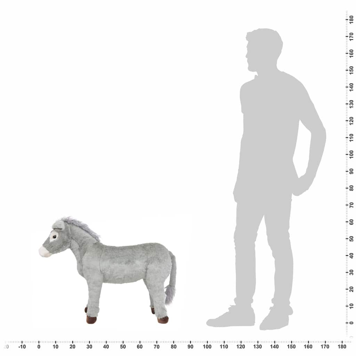 Ein graues Plüschpony steht neben einer menschlichen Silhouette mit Maßband.