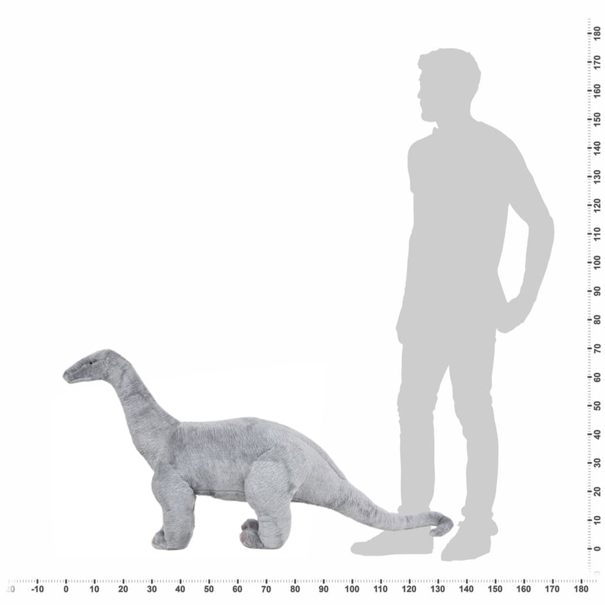 Ein großes graues Plüsch-Dinosaurier-Spielzeug steht neben einer Silhouettenperson zur Größenschätzung. Ein Lineal ist sichtbar.