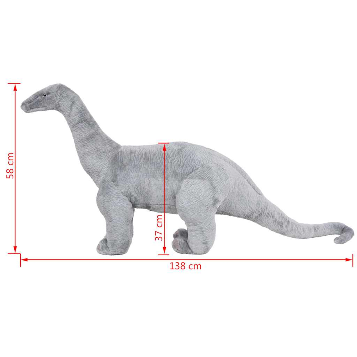 Grauer Plüschdinosaurier auf weißem Hintergrund, 138cm lang, 58cm hoch.