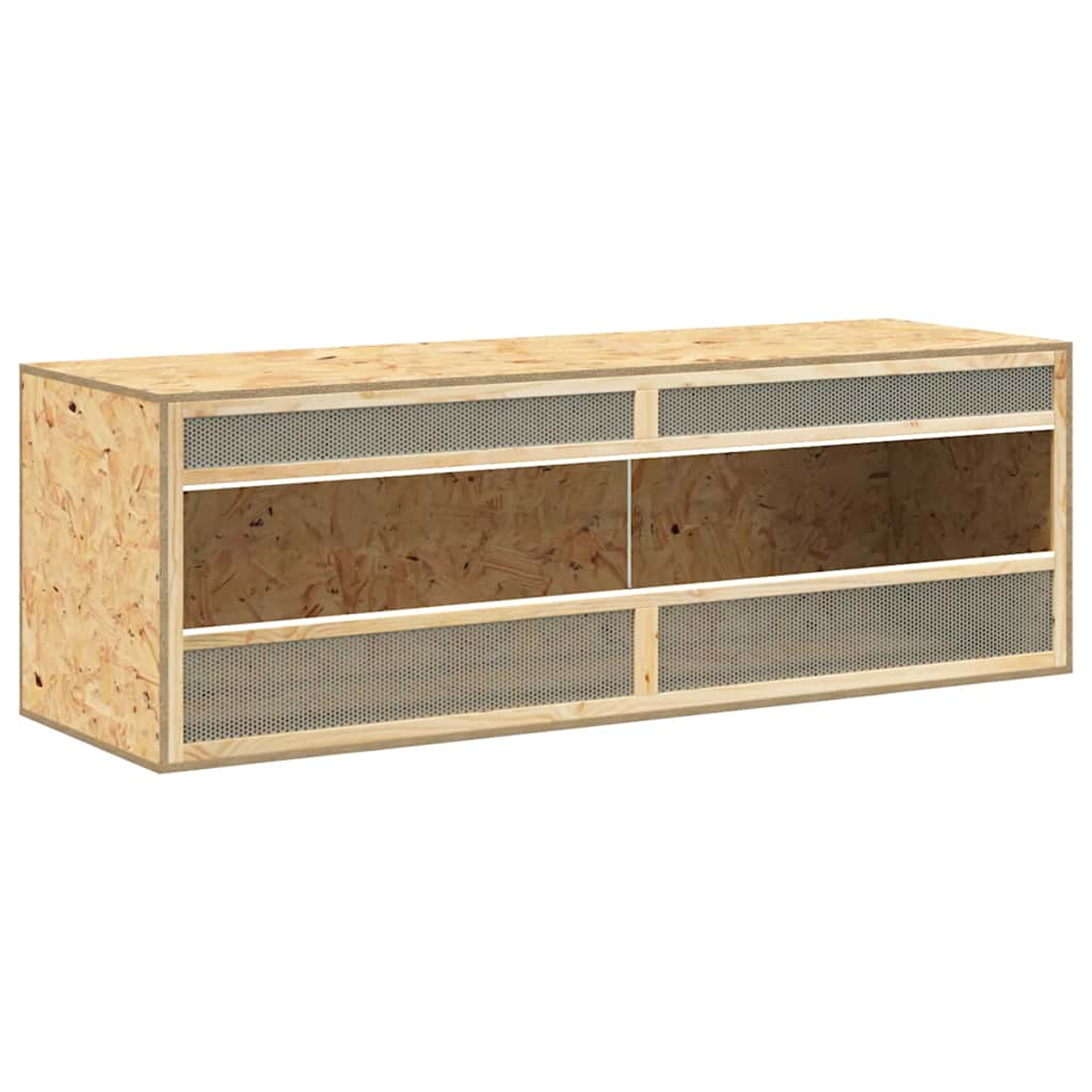 Ein langer, niedriger Terrarien-Kasten aus Holz mit Lüftungsgittern und Sichtfenstern.
