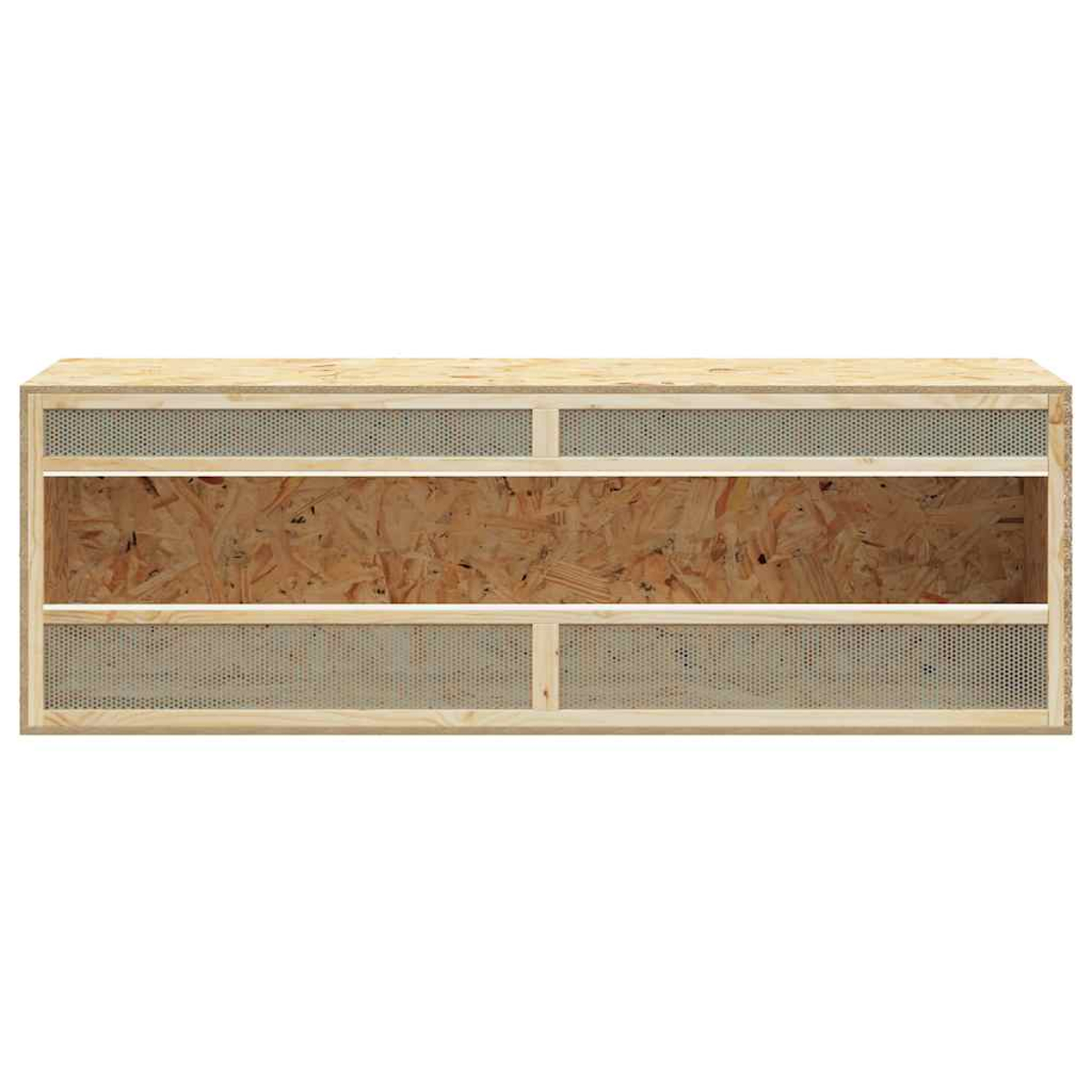 Ein offener Holzschrank mit perforierten Seiten und einer Öffnung in der Mitte.