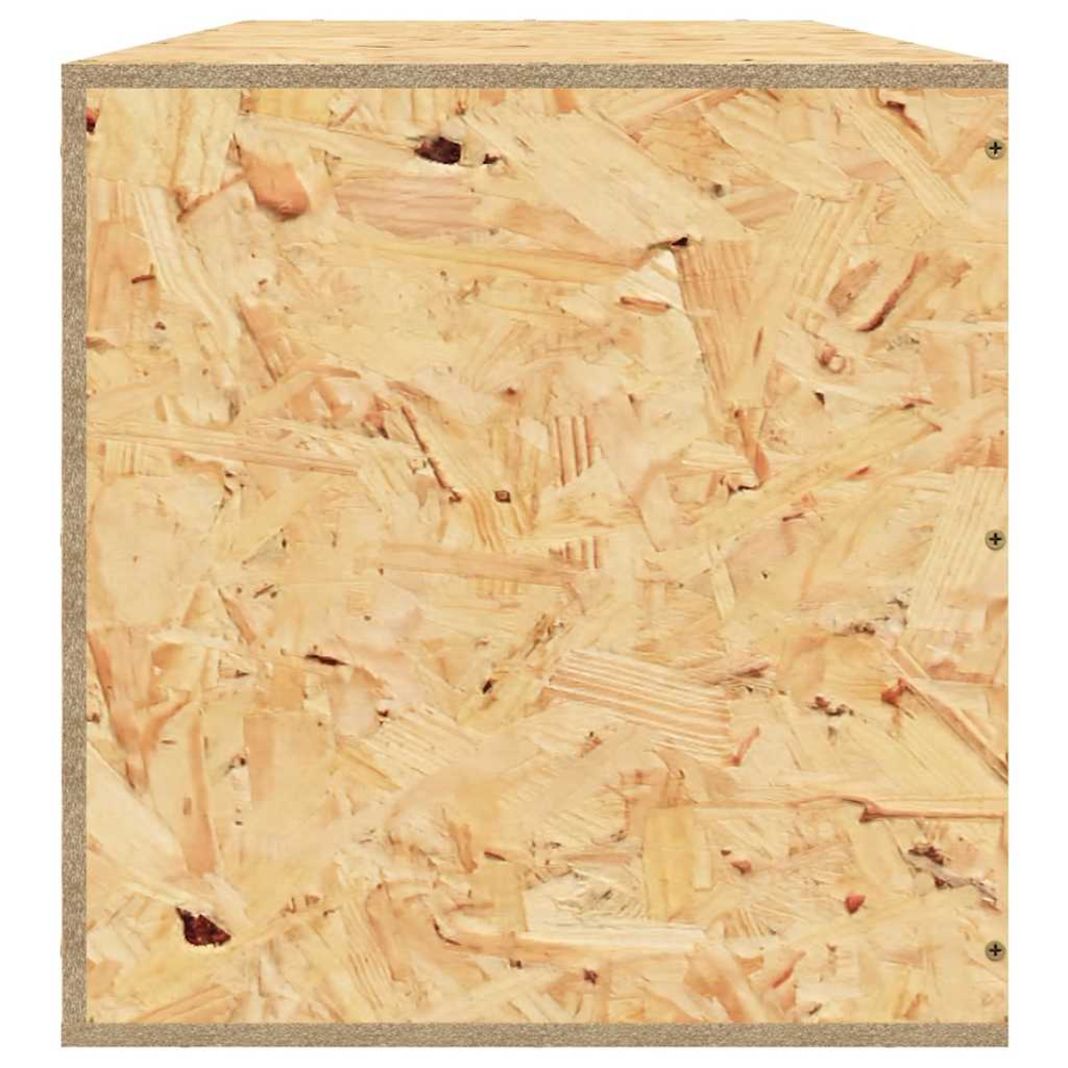 Ein Würfel aus OSB-Platten mit sichtbaren Holzspänen und Schrauben.