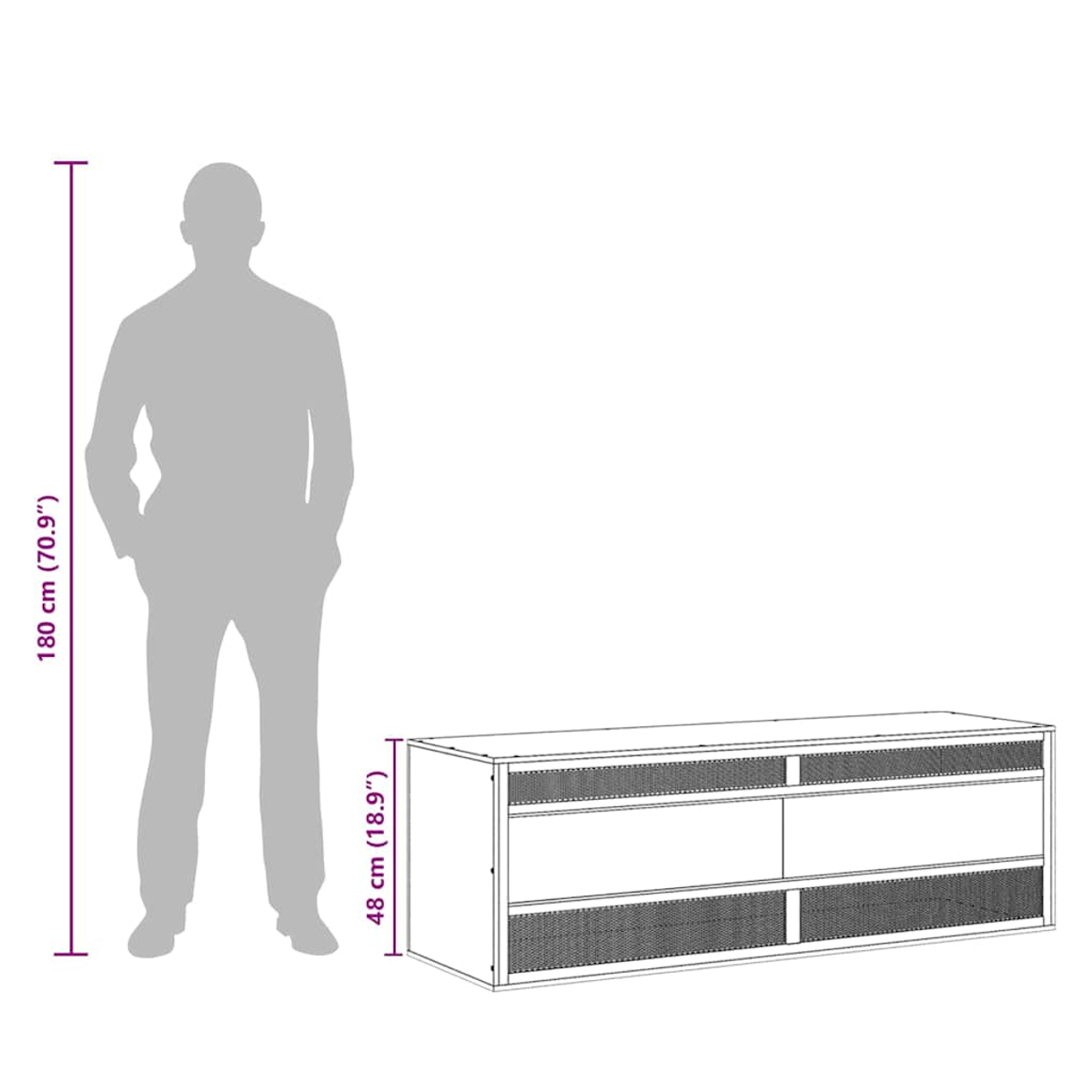 Eine Silhouette eines Mannes steht neben einer weißen Kommode mit sechs Fächern.