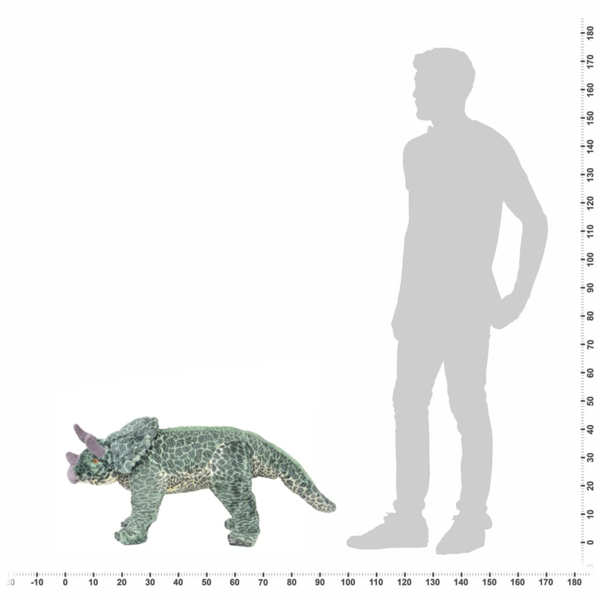 Ein grüner Dinosaurier neben einer menschlichen Silhouette auf einem Maßstab.