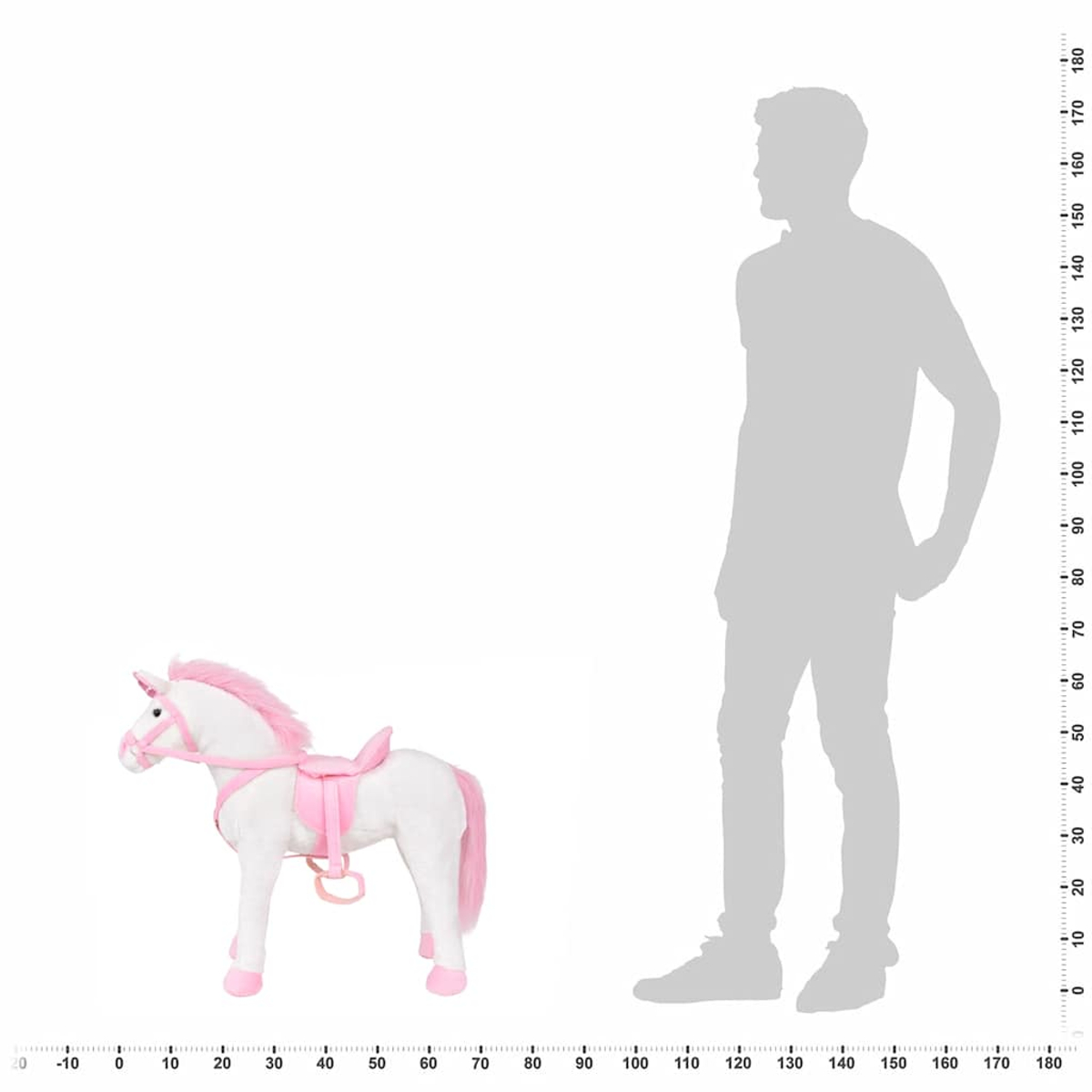 Ein weißes Einhorn-Spielzeug mit rosa Mähne und Sattel neben einer Menschenschattenfigur.